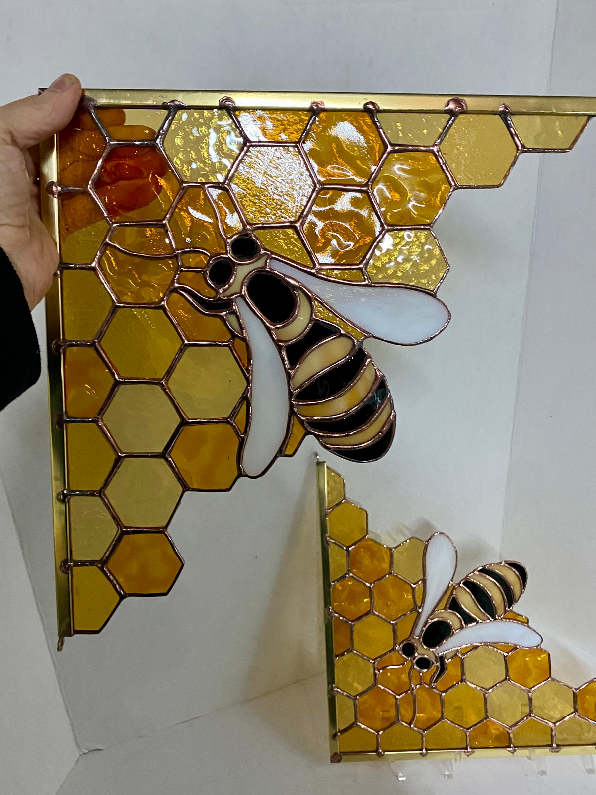 Honeybee Stained Glass Window Corner, Handmade Stained Glass Bee, Bee Stained Glass Window, Yellow Stain Glass Window by Hip Chick Glass