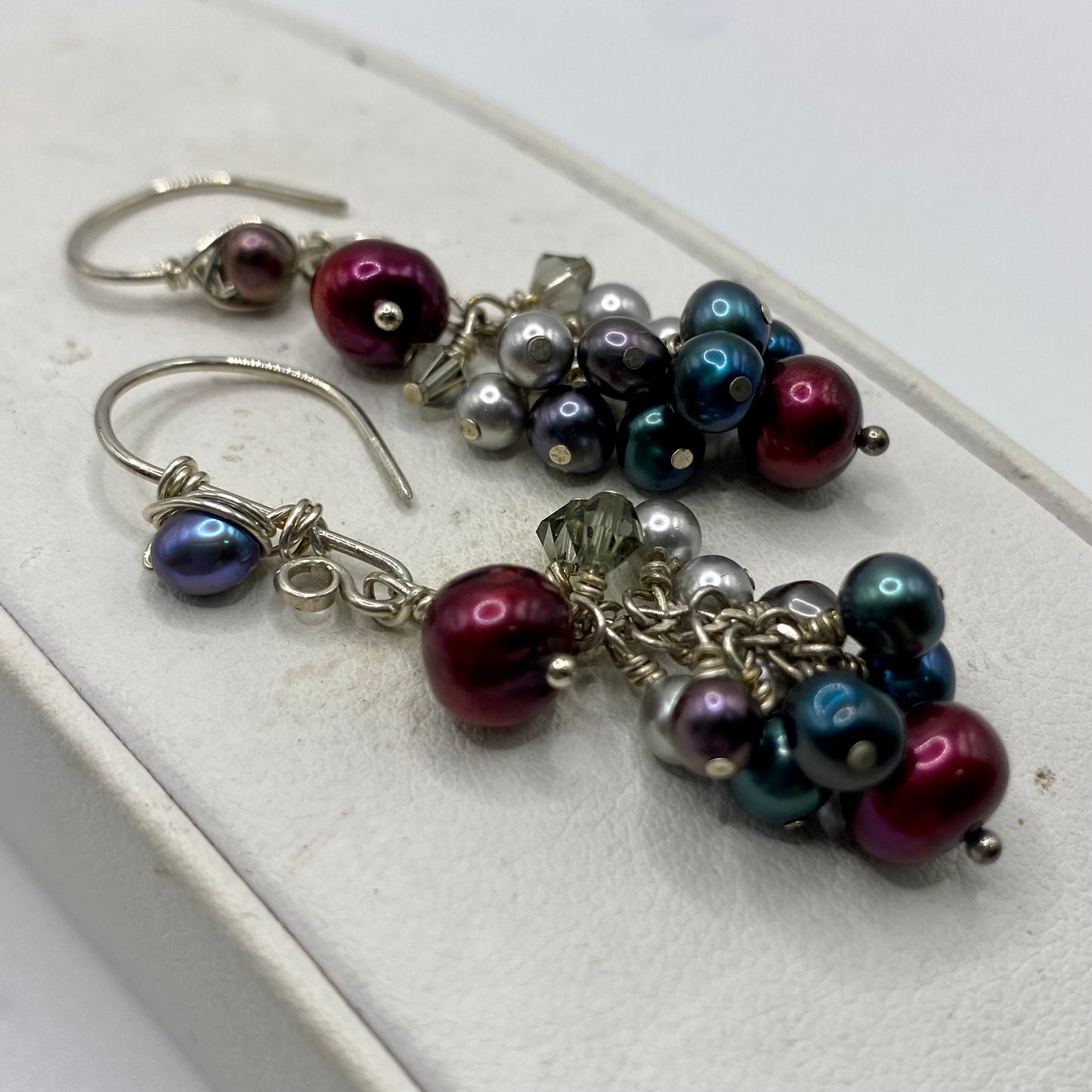 Cranberry, Blue & Gray Pearl Cluster Earrings by Hip Chick Glass, Sterling Silver Earrings, Handmade Gemstone Jewelry, June Birthstone Gift