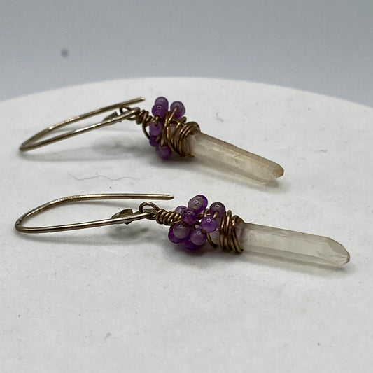 Quartz Crystal Point Earrings with Mini Amethyst Beads by Hip Chick Glass, Sterling Silver Gemstone Earrings, Handmade Boho Jewelry, February Birthstone Gift