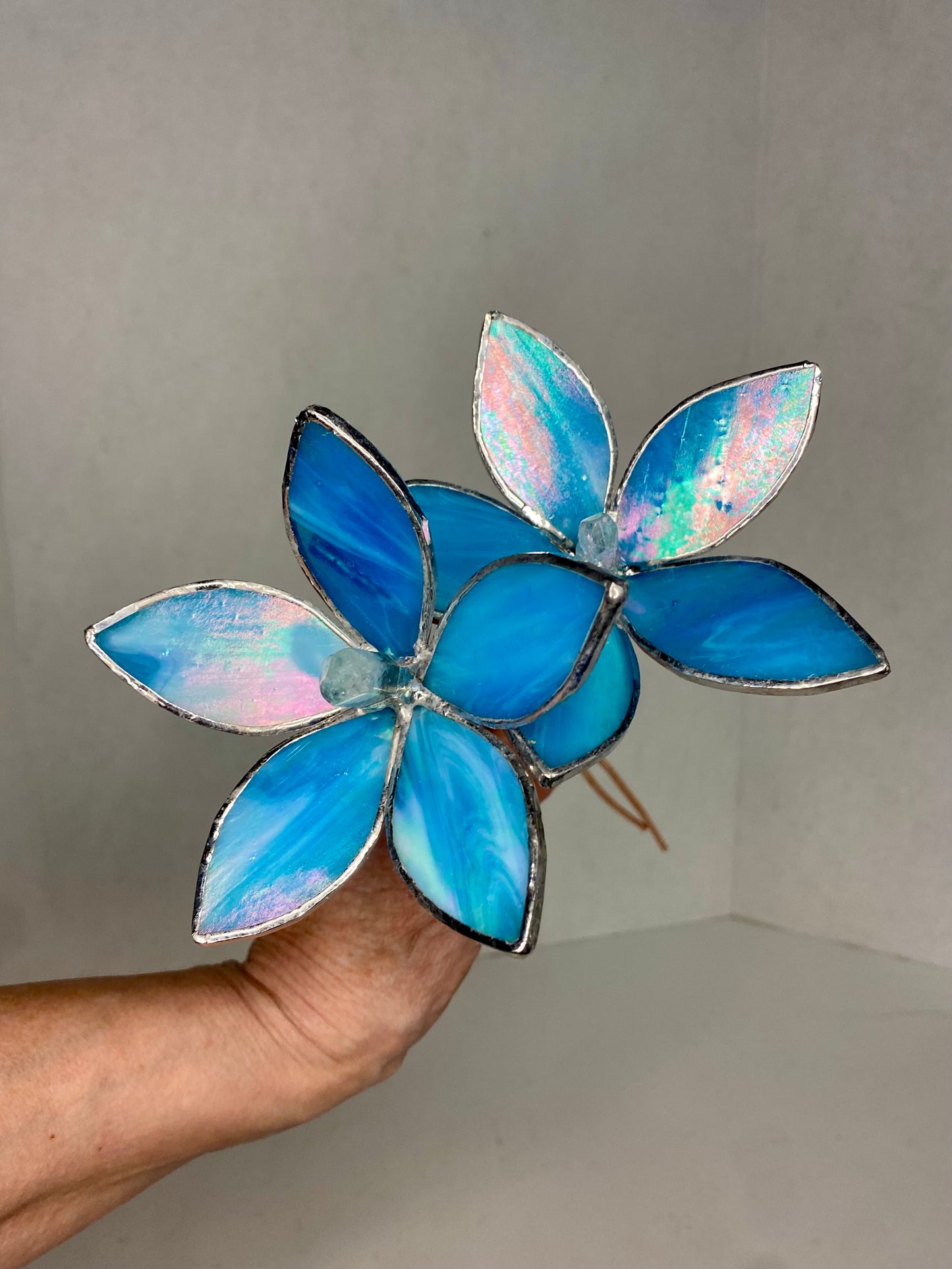 Iridescent Blue Glass Flower Plant Stakes by Hip Chick Glass, Stained Glass Flower Bouquet, Stained Glass Flower on a Stem, Handmade Home Decor, Wedding Bouquet Keepsake, Tabletop Decor