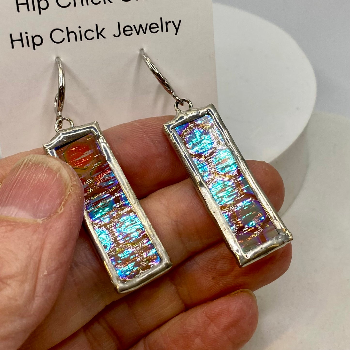 Honeycomb Dichroic Earrings | Stained Glass Earrings by Hip Chick Glass, Iridescent Statement Earrings, Geometric Earrings