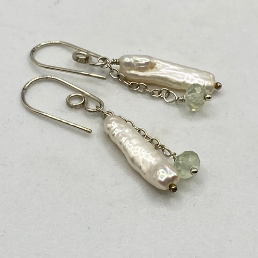 Pearl & Prehnite Double Drop Earrings by Hip Chick Glass, Handmade Sterling Silver Earrings, Handmade Gemstone Jewelry, June Birthstone Gift