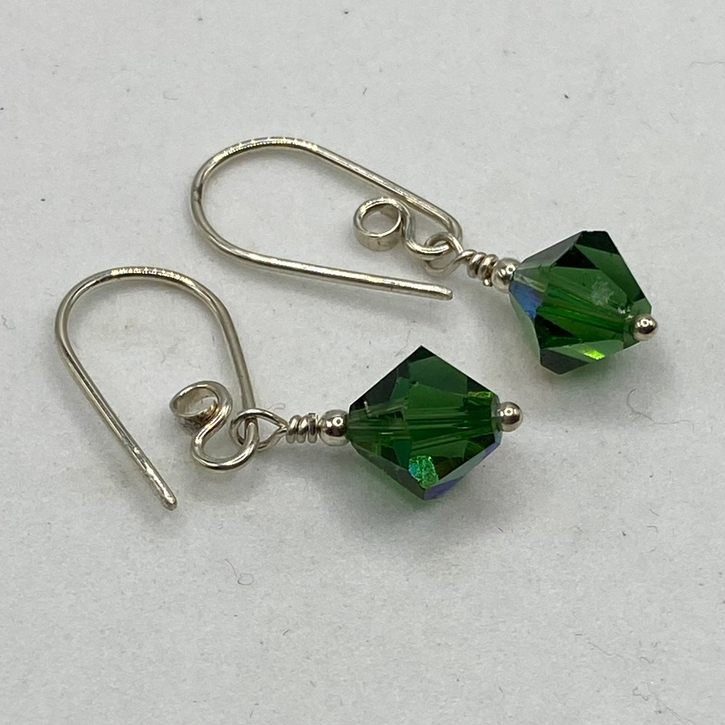 Vintage Green Crystal Earrings by Hip Chick Glass, Sterling Silver Earrings, Handmade Green Crystal Jewelry, Handmade Green Earrings