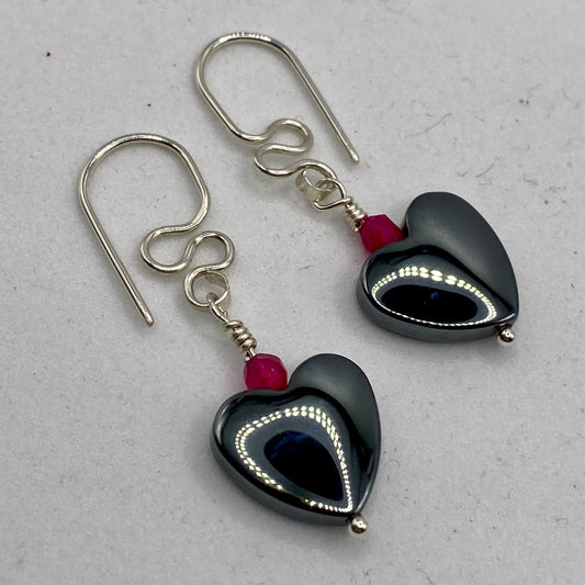 Hematite Heart Dangle Earrings by Hip Chick Glass, Sterling Silver Earrings, Handmade Gemstone Jewelry, Handmade Jewelry Gift, Birthstone Earrings