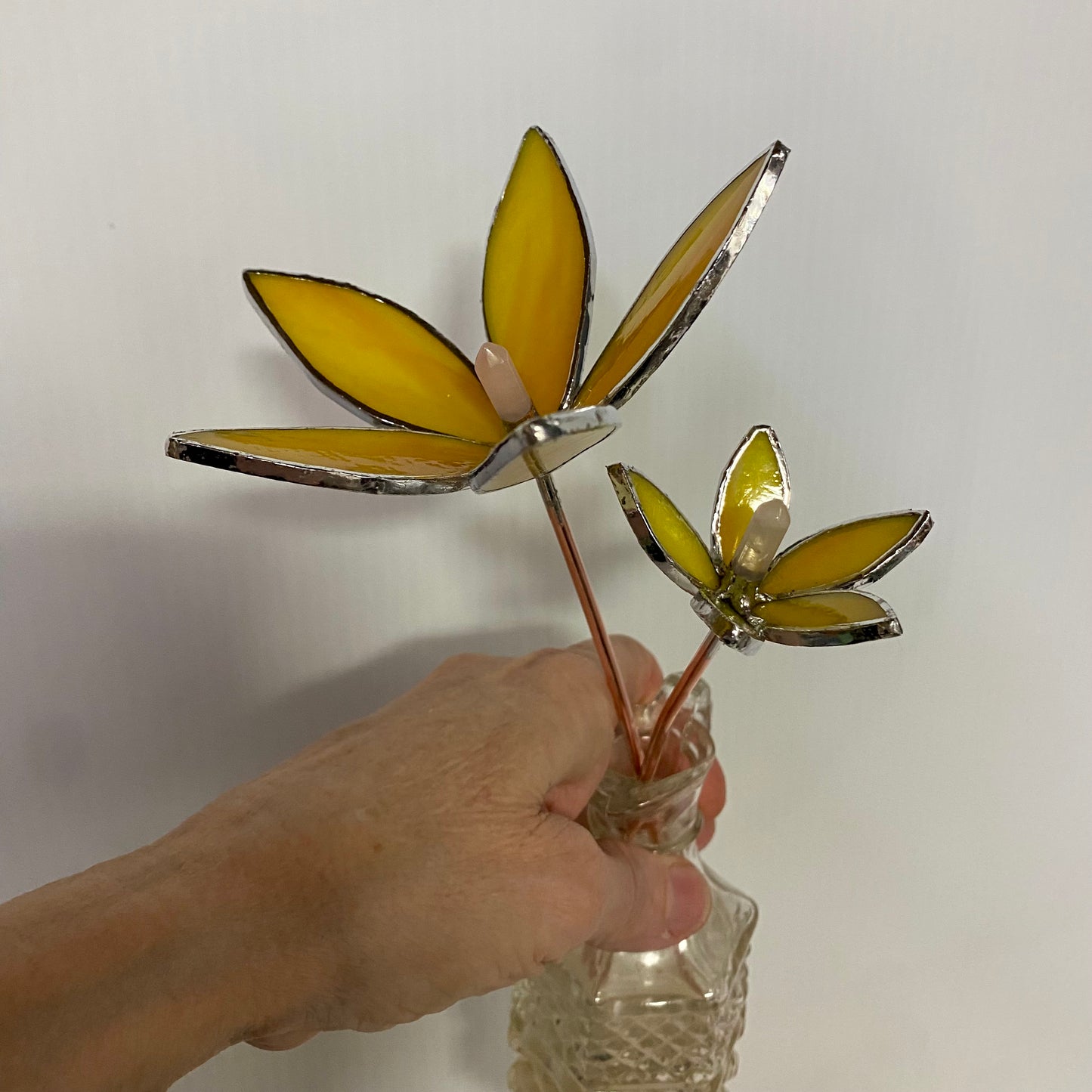 Yellow Glass Flower Plant Stakes by Hip Chick Glass | Stained Glass Flower Bouquet, Glass Flowers with Quartz Crystals on a Stem, Handmade Home Decor, Wedding Bouquet Keepsake, Tabletop Decor