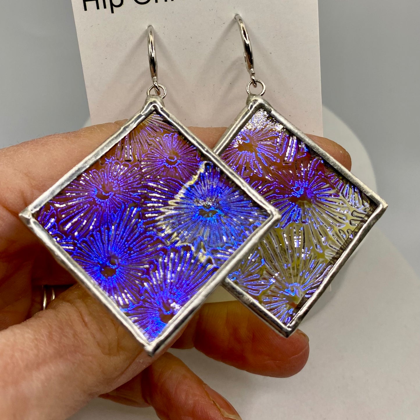 Blue Snowflake Square Earrings | Stained Glass Earrings by Hip Chick Glass, Stained Glass Dangle Drop Earrings, Stained Glass Earrings