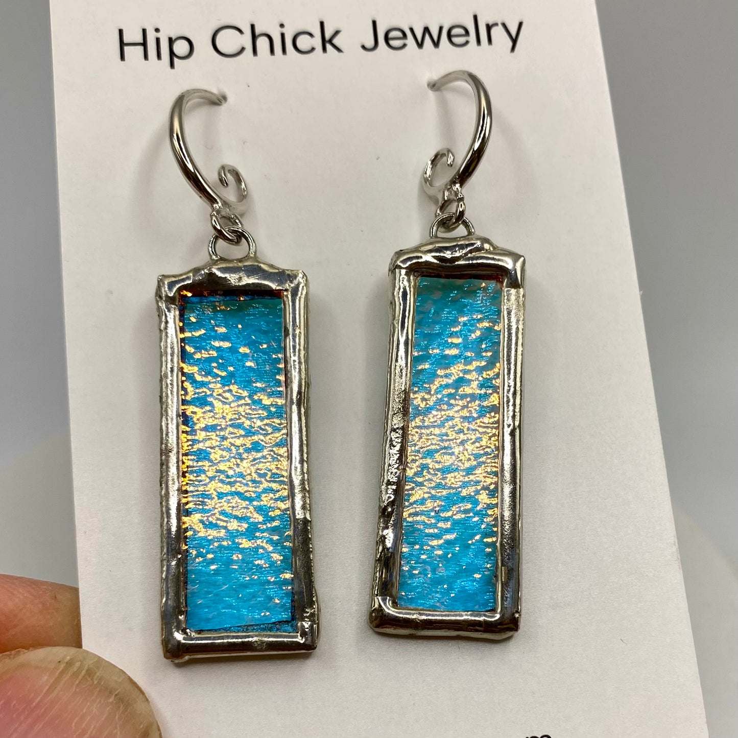 Turquoise Blue Rectangle Earrings | Stained Glass Earrings by Hip Chick Glass, Iridescent Statement Earrings, Geometric Earrings