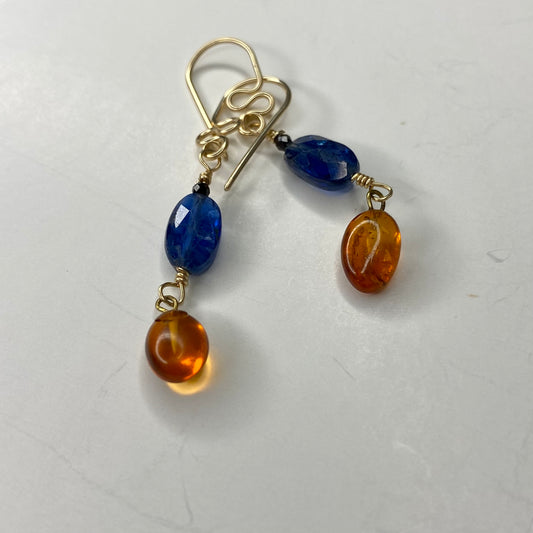 Kyanite, Amber & Black Spinel Dangle Earrings by Hip Chick Glass, 14 Karat Gold Fill Earrings, Handmade Gemstone Jewelry, Birthstone Gift