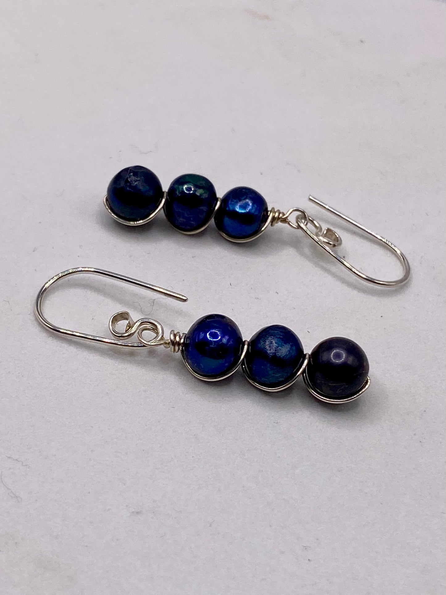 Blue Pearl Triple Wrap Sterling Silver Earrings by Hip Chick Glass, Sterling Silver Earrings, Handmade Gemstone Jewelry, June Birthstone Gift