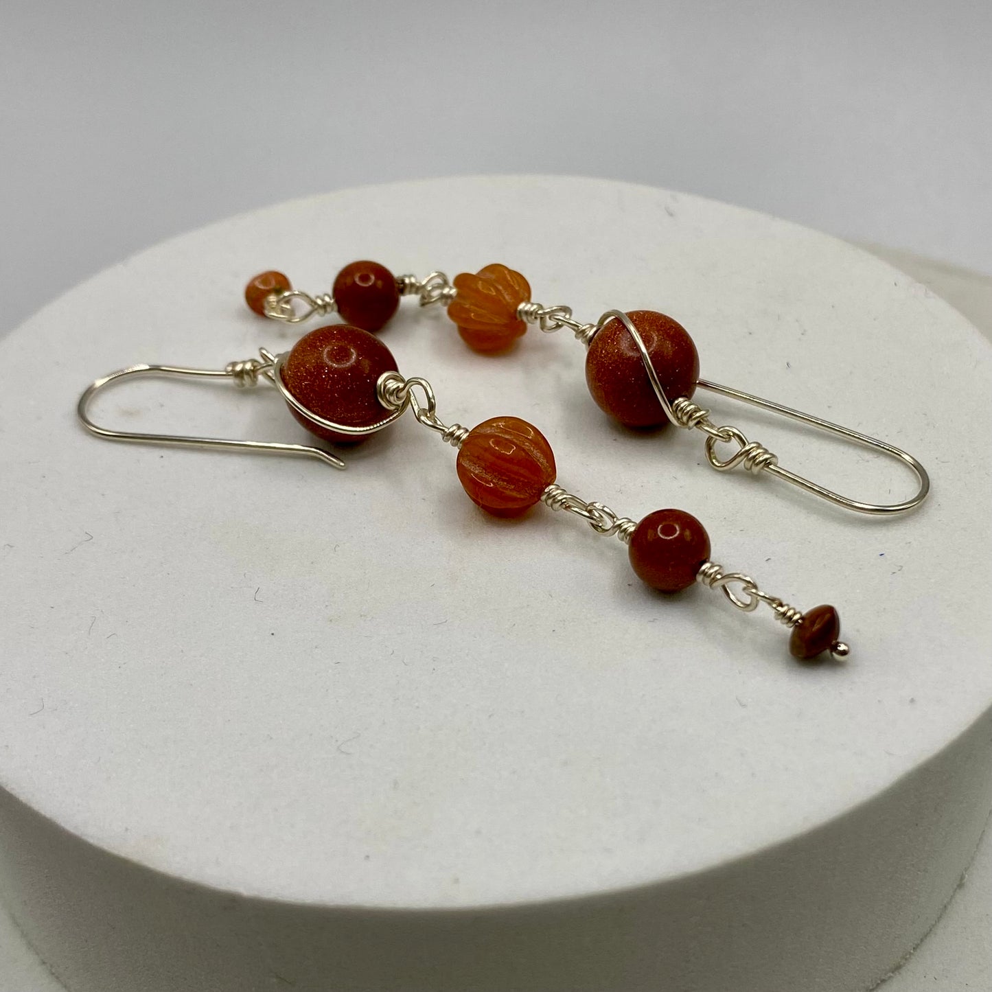Long Boho Orange Gemstone Earrings by Hip Chick Glass, Sterling Silver Earrings, Handmade Gemstone Jewelry, Goldstone, Carnelian, Unakite