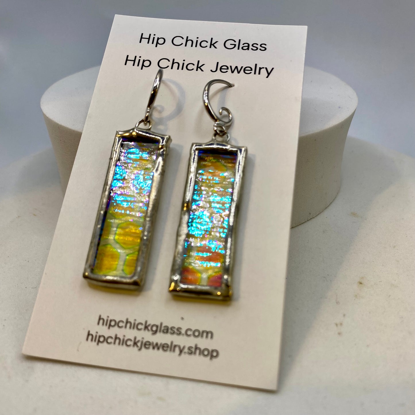 Honeycomb Dichroic Earrings | Stained Glass Earrings by Hip Chick Glass, Iridescent Statement Earrings, Geometric Earrings