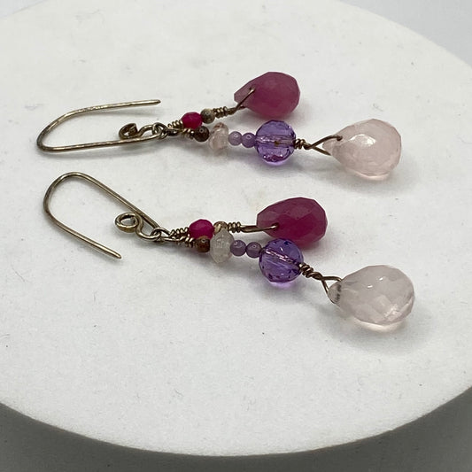 Rose Quartz, Pink Chalcedony, Amethyst, Hematite Gemstone Earrings by Hip Chick Glass, Boho Luxe Silver Earrings, Handmade Gemstone Jewelry, Pink Purple Earrings
