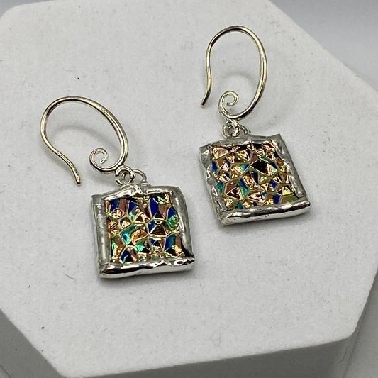 Iridescent Beige Earrings | Stained Glass Earrings by Hip Chick Glass, Stained Glass Dangle Drop Earrings, Stained Glass Earrings