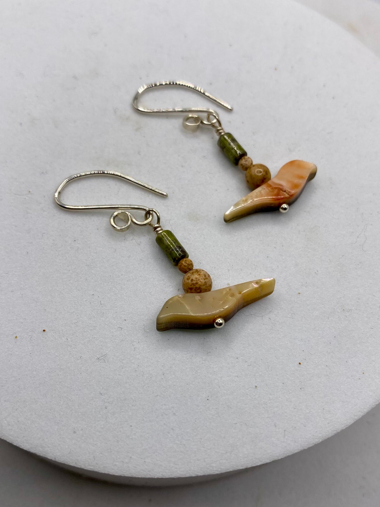 Abalone Bird, Picture Jasper, Unakite Earrings by Hip Chick Glass, Handmade Sterling Silver Earrings, Silver Gemstone Jewelry