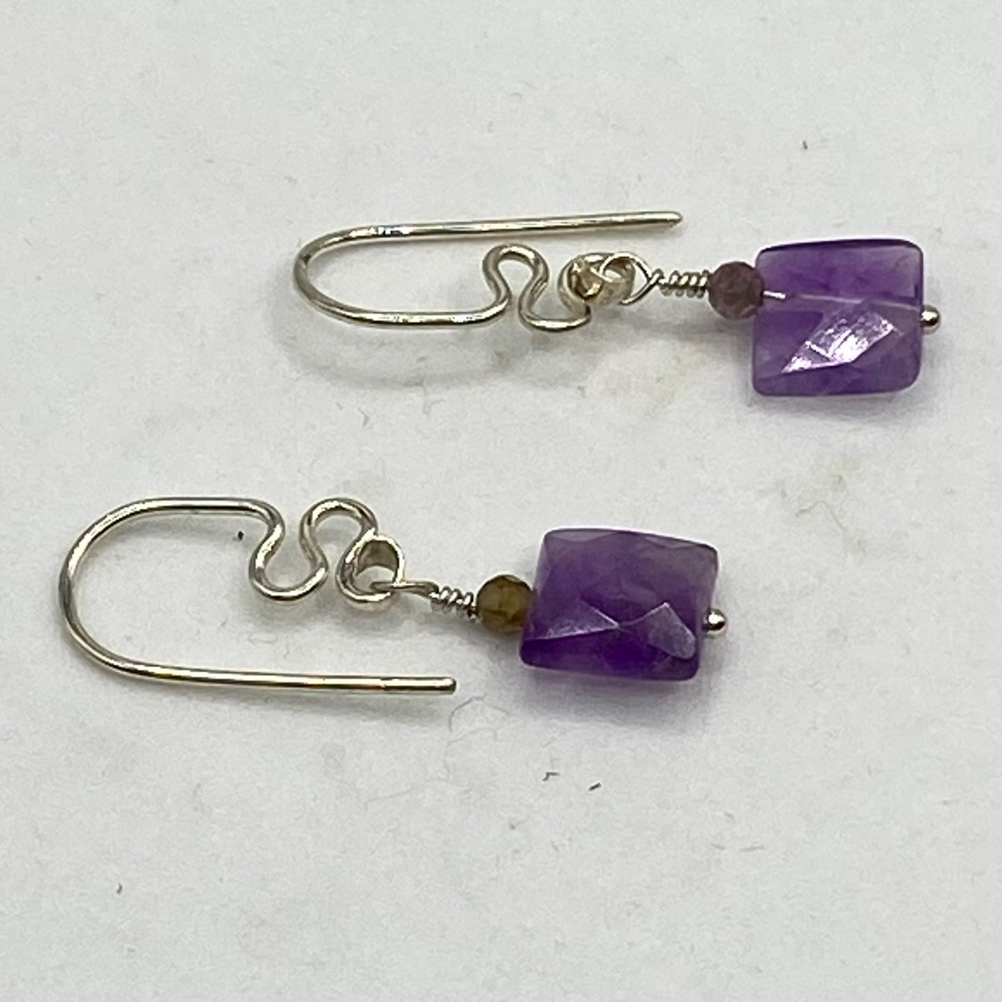 Square Faceted Amethyst Earrings by Hip Chick Glass, Sterling Silver Amethyst Earrings, Handmade Boho Gemstone Jewelry, February Birthstone Gift