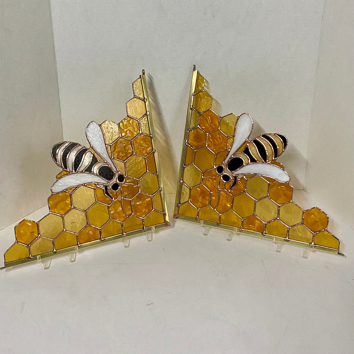 Honeybee Stained Glass Window Corner, Handmade Stained Glass Bee, Bee Stained Glass Window, Yellow Stain Glass Window by Hip Chick Glass