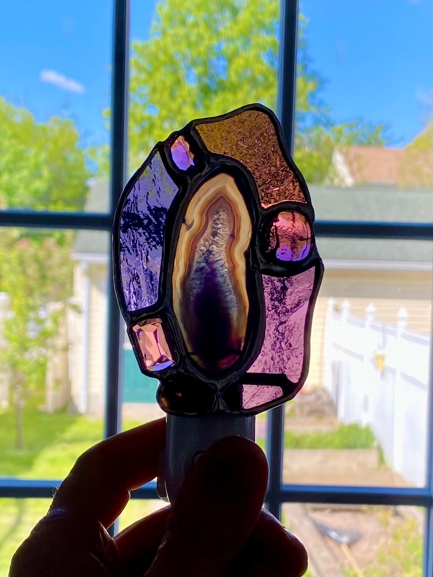 RESERVED for Steve  AGATE SLICE NIGHTLIGHT in Purple with Smoky Quartz and Jewels | Gretchen Shutt | Hip Chick Glass, LLC