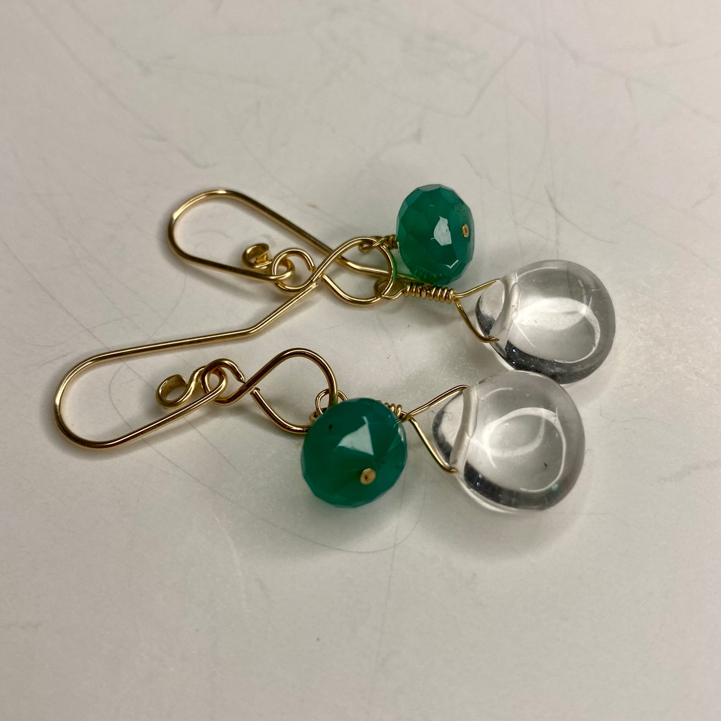 Green Agate & Quartz Crystal Dangle Earrings by Hip Chick Glass, 14 Karat Gold Fill Earrings, Handmade Gemstone Jewelry, Birthstone Gift