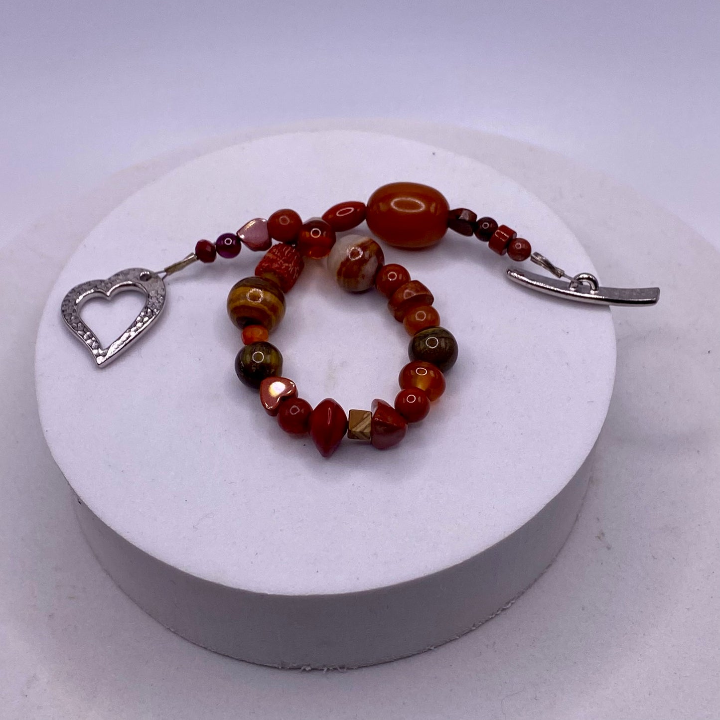 Valentines Day Bracelet with Pewter Heart Clasp & Mixed Orange Gemstones by Hip Chick Glass, Handmade Bracelet, Handmade Gemstone Bracelet, Birthstone Gift