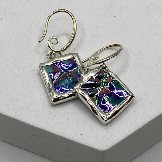 Blue Square Earrings | Stained Glass Earrings by Hip Chick Glass, Stained Glass Dangle Drop Earrings, Stained Glass Earrings