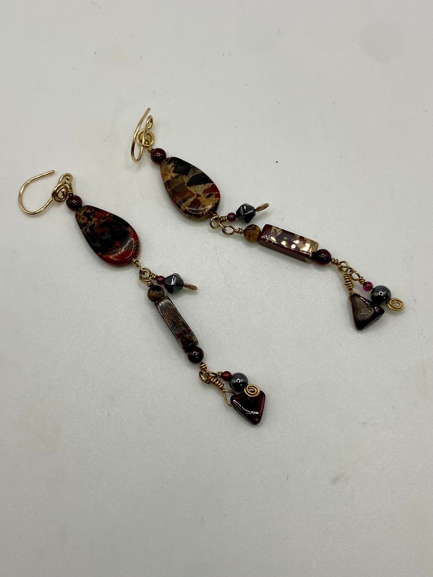 Jasper Hematite Garnet Gold Dangle Earrings by Hip Chick Glass, 14 Karat Gold Fill Earrings, Handmade Gemstone Jewelry, Birthstone Gift