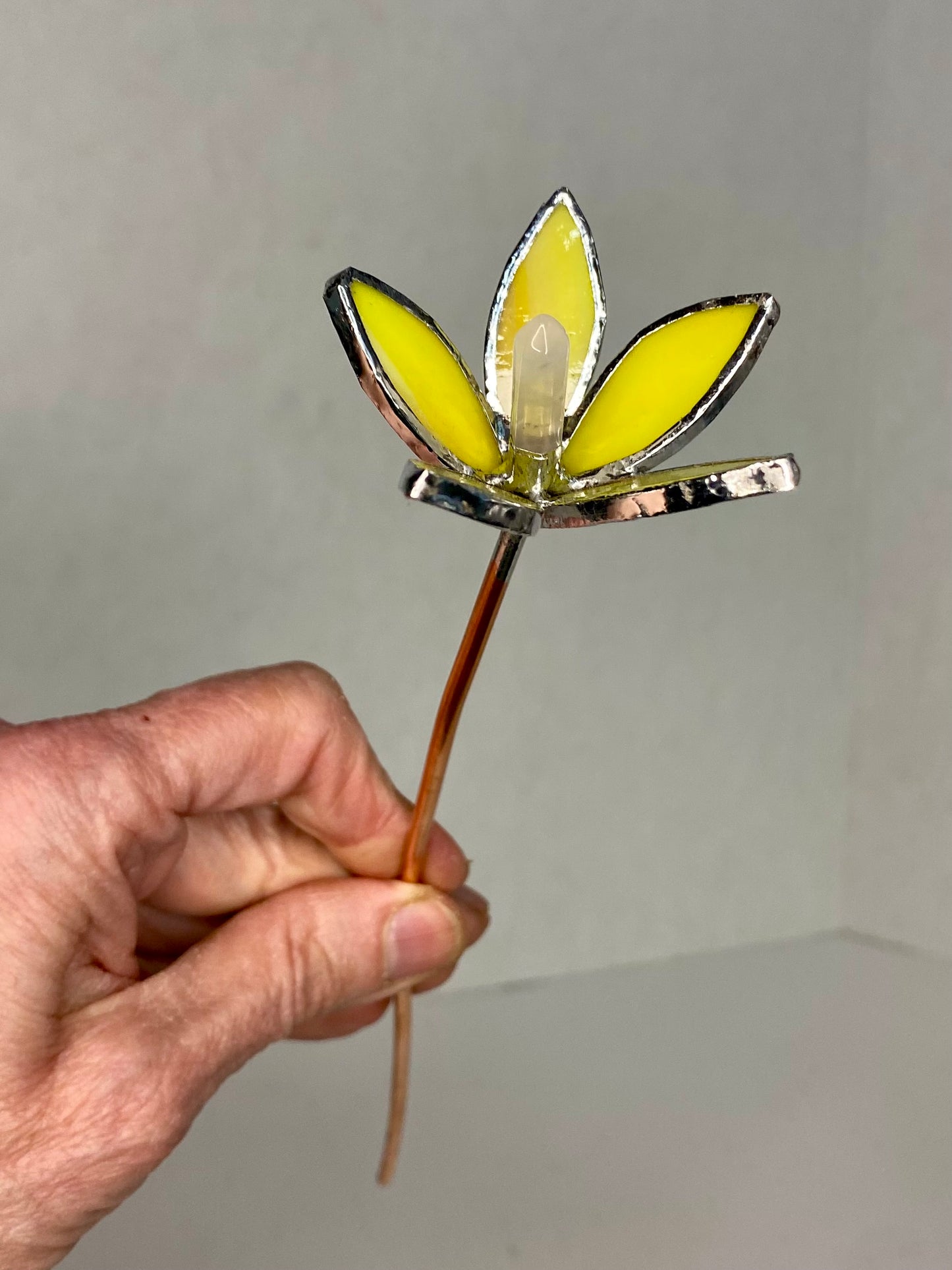 Yellow Glass Flower Plant Stakes by Hip Chick Glass | Stained Glass Flower Bouquet, Glass Flowers with Quartz Crystals on a Stem, Handmade Home Decor, Wedding Bouquet Keepsake, Tabletop Decor