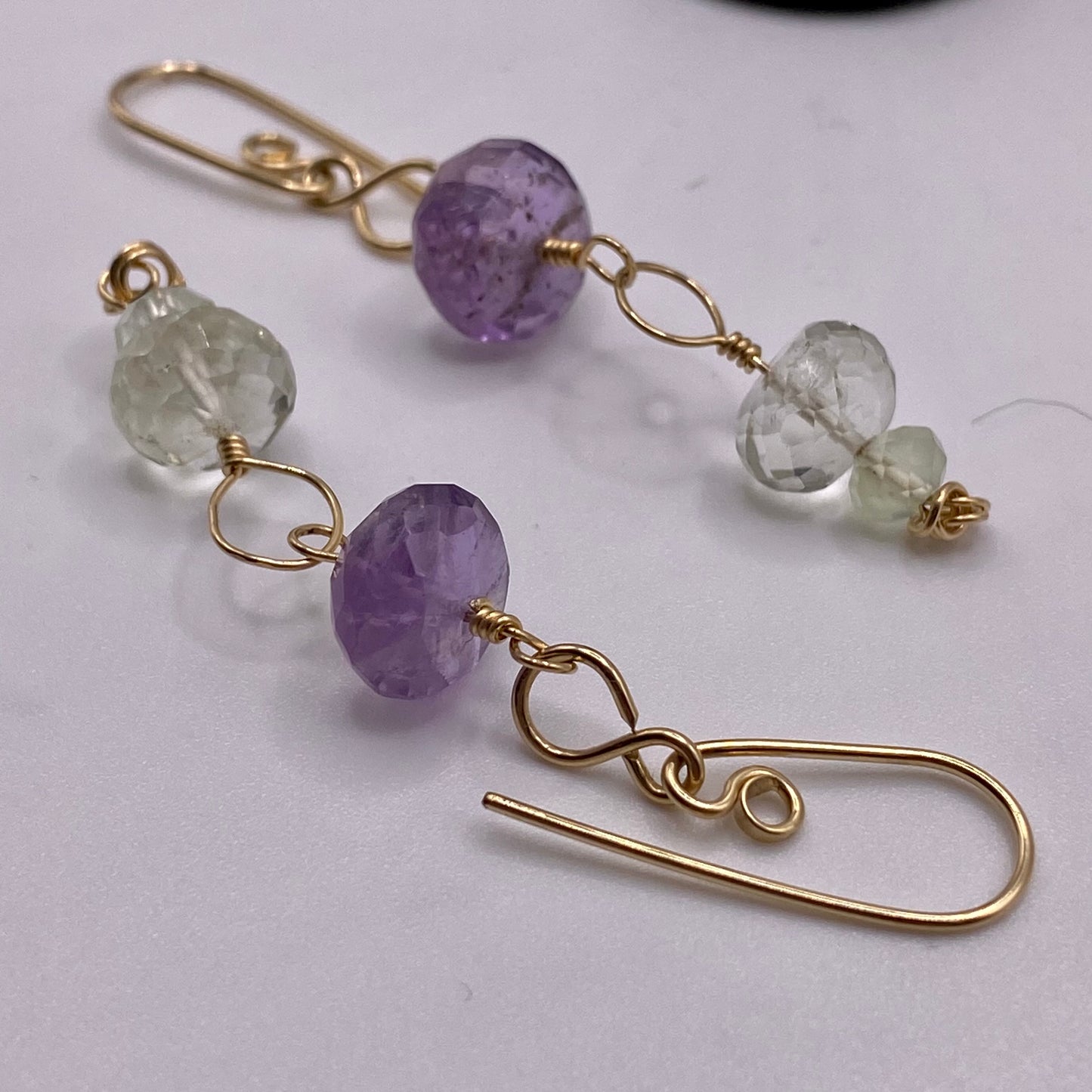 Green & Purple Amethyst Dangle Earrings by Hip Chick Glass, 14 Karat Gold Fill Earrings, Handmade Gemstone Jewelry, February Birthstone Gift