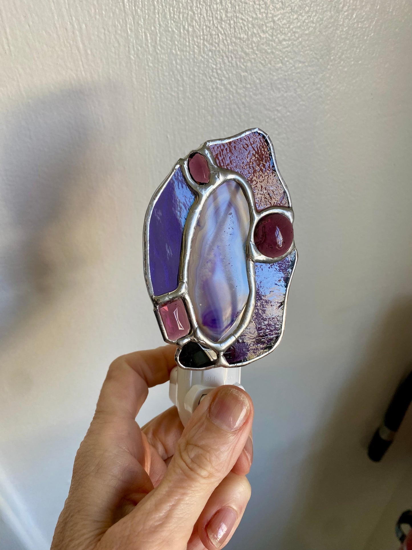 RESERVED for Steve  AGATE SLICE NIGHTLIGHT in Purple with Smoky Quartz and Jewels | Gretchen Shutt | Hip Chick Glass, LLC