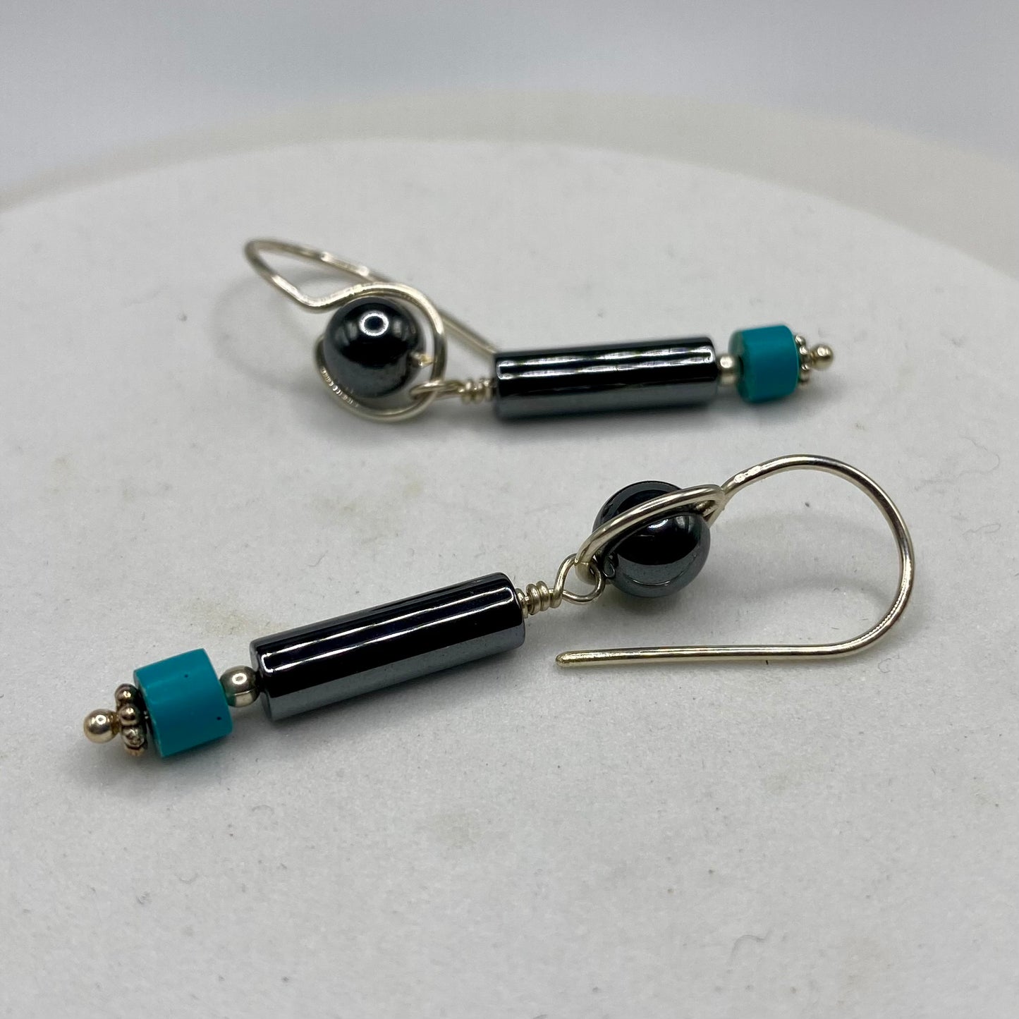 Hematite & Chalk Turquoise Dangle Earrings by Hip Chick Glass, Sterling Silver Earrings, Handmade Gemstone Jewelry, Handmade Jewelry Gift, Birthstone Earrings