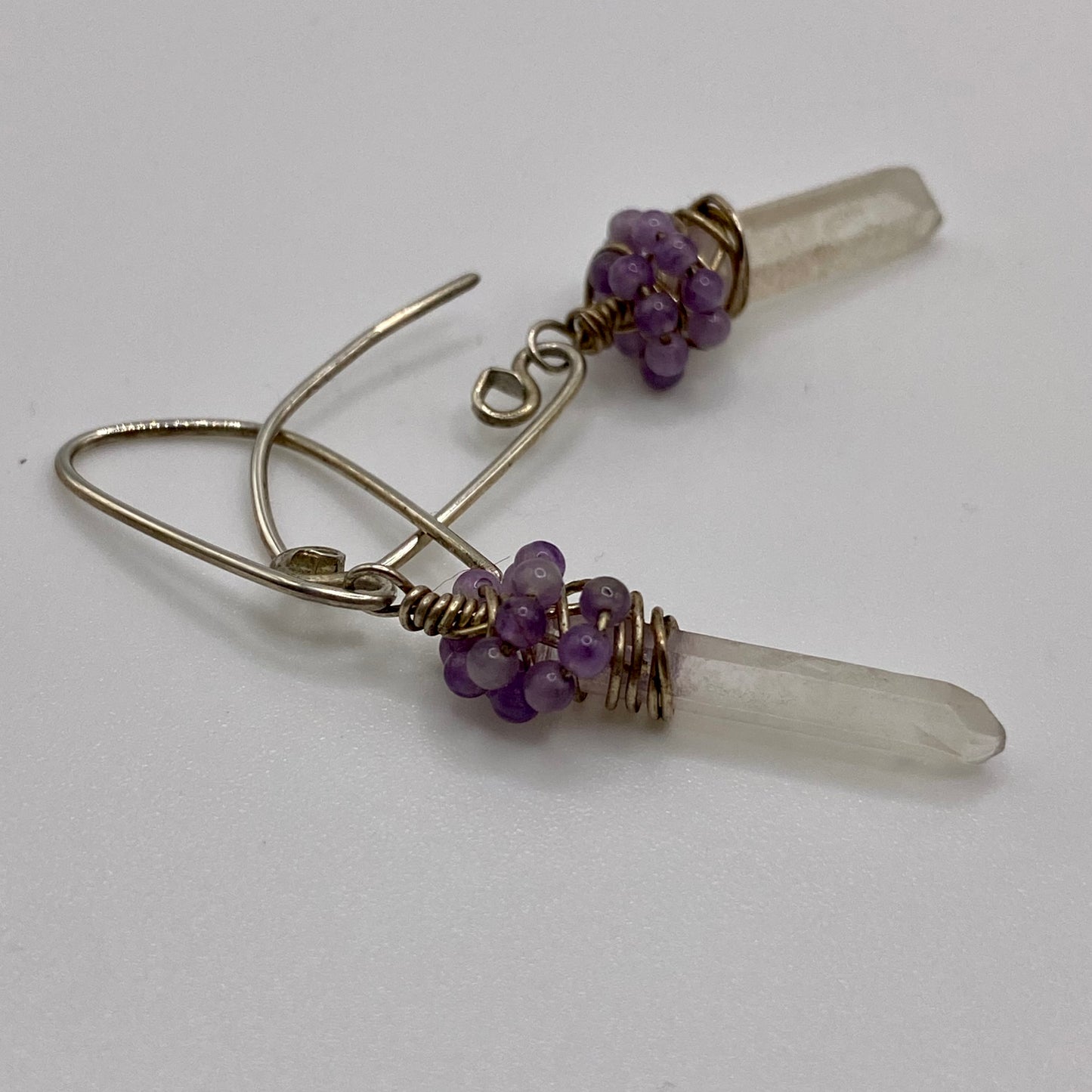 Quartz Crystal Point Earrings with Amethyst Wrapping by Hip Chick Glass, Sterling Silver Earrings, Handmade Gemstone Jewelry, February Birthstone Gift