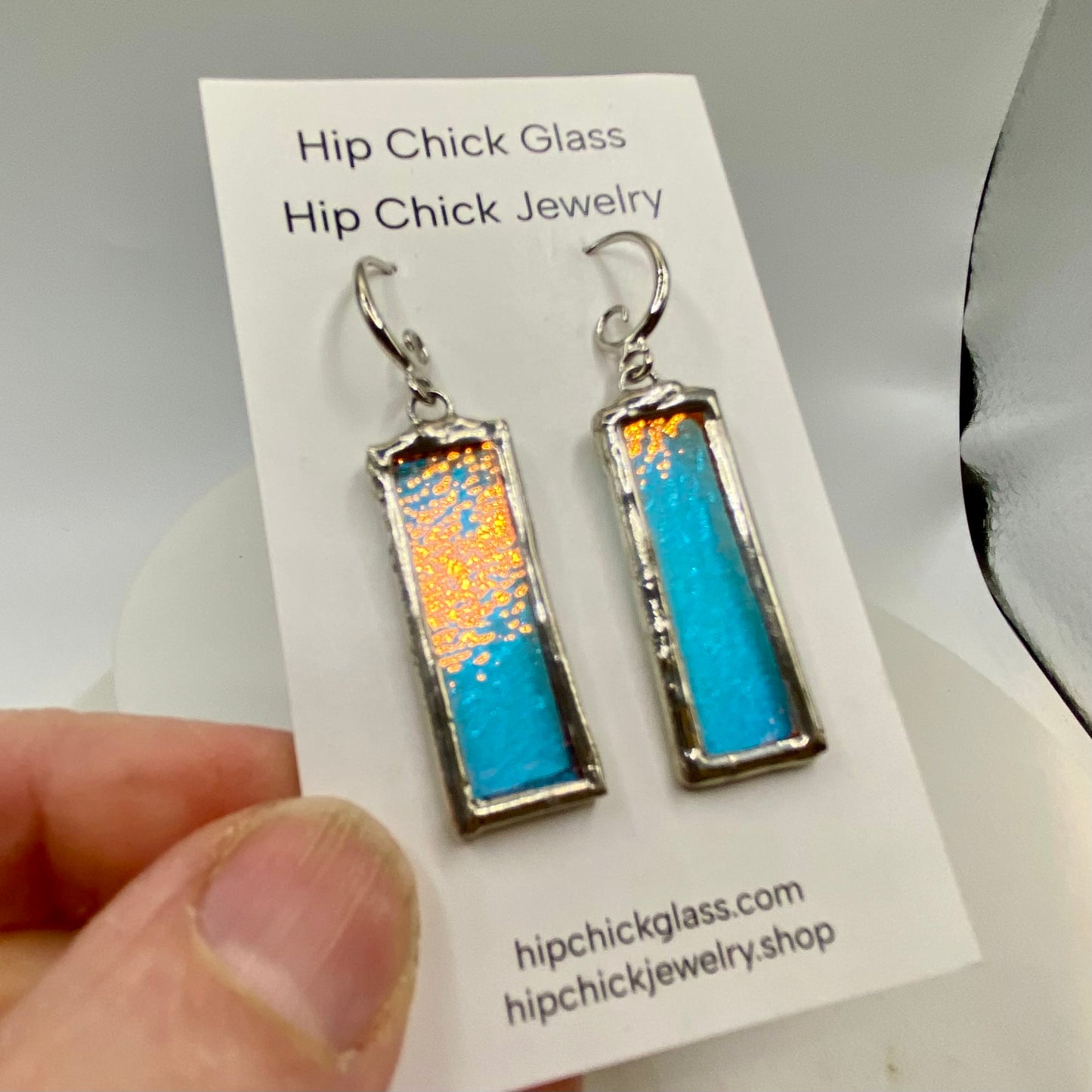 Turquoise Blue Rectangle Earrings | Stained Glass Earrings by Hip Chick Glass, Iridescent Statement Earrings, Geometric Earrings