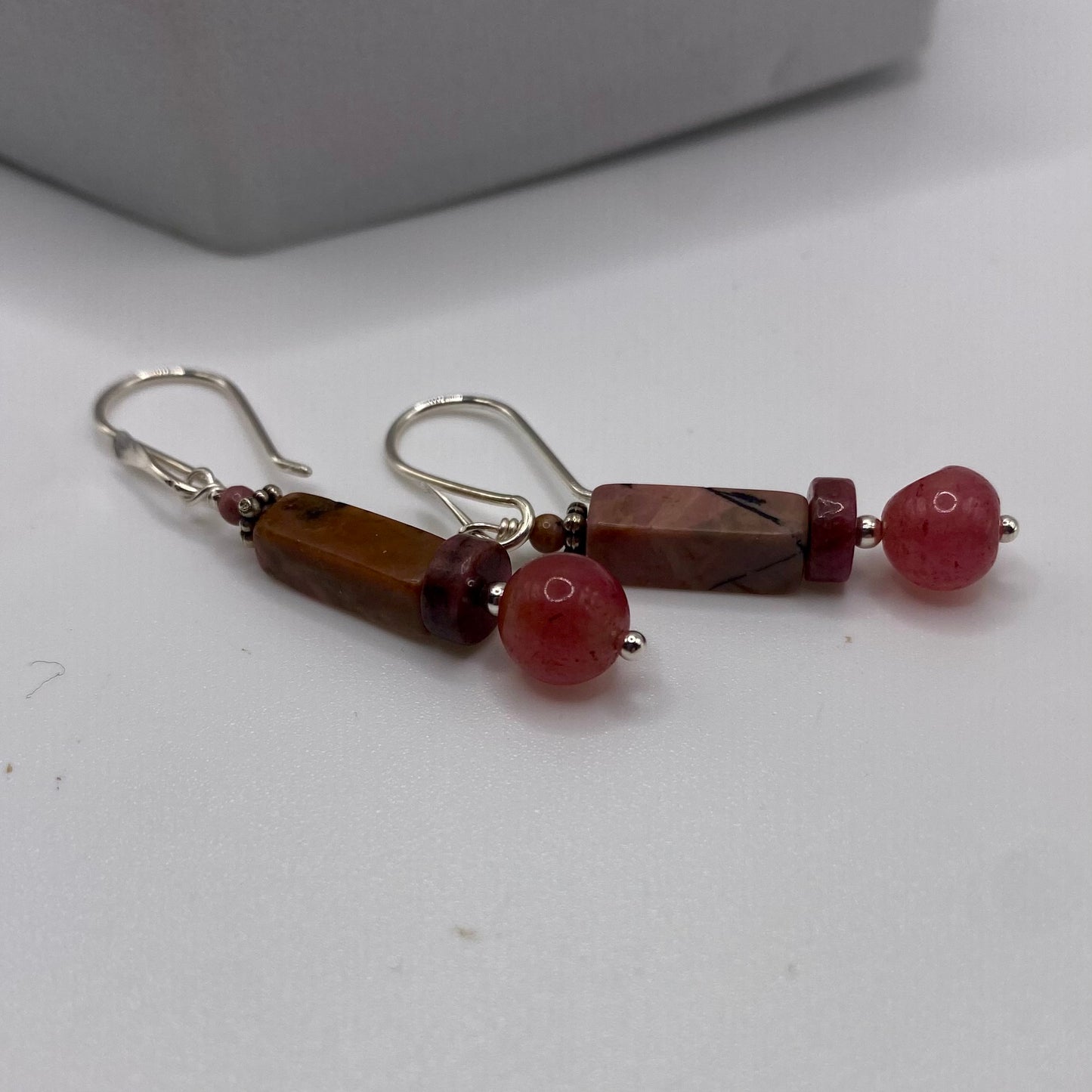 Rhodochrosite & Ruby Dangle Earrings by Hip Chick Glass, Sterling Silver Earrings, Handmade Gemstone Jewelry, Handmade Jewelry Gift