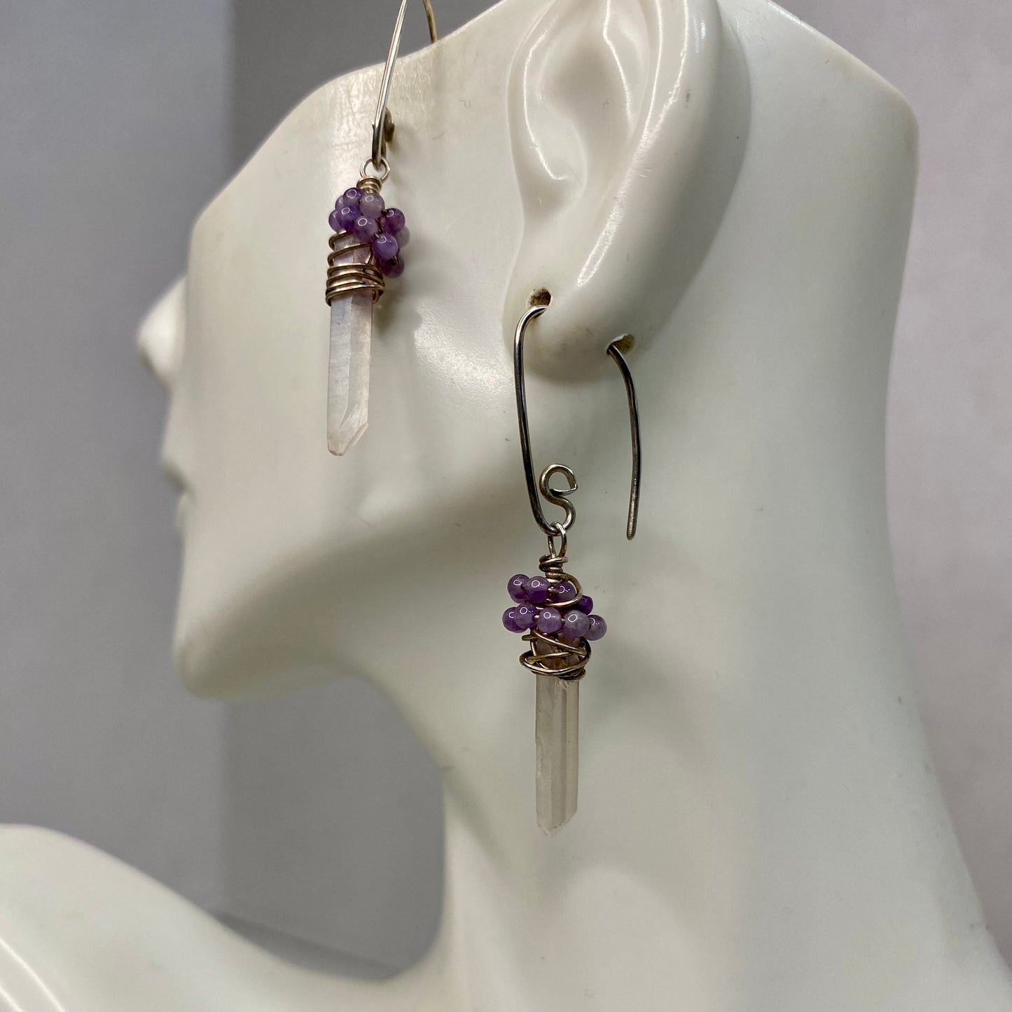 Quartz Crystal Point Earrings with Amethyst Wrapping by Hip Chick Glass, Sterling Silver Earrings, Handmade Gemstone Jewelry, February Birthstone Gift