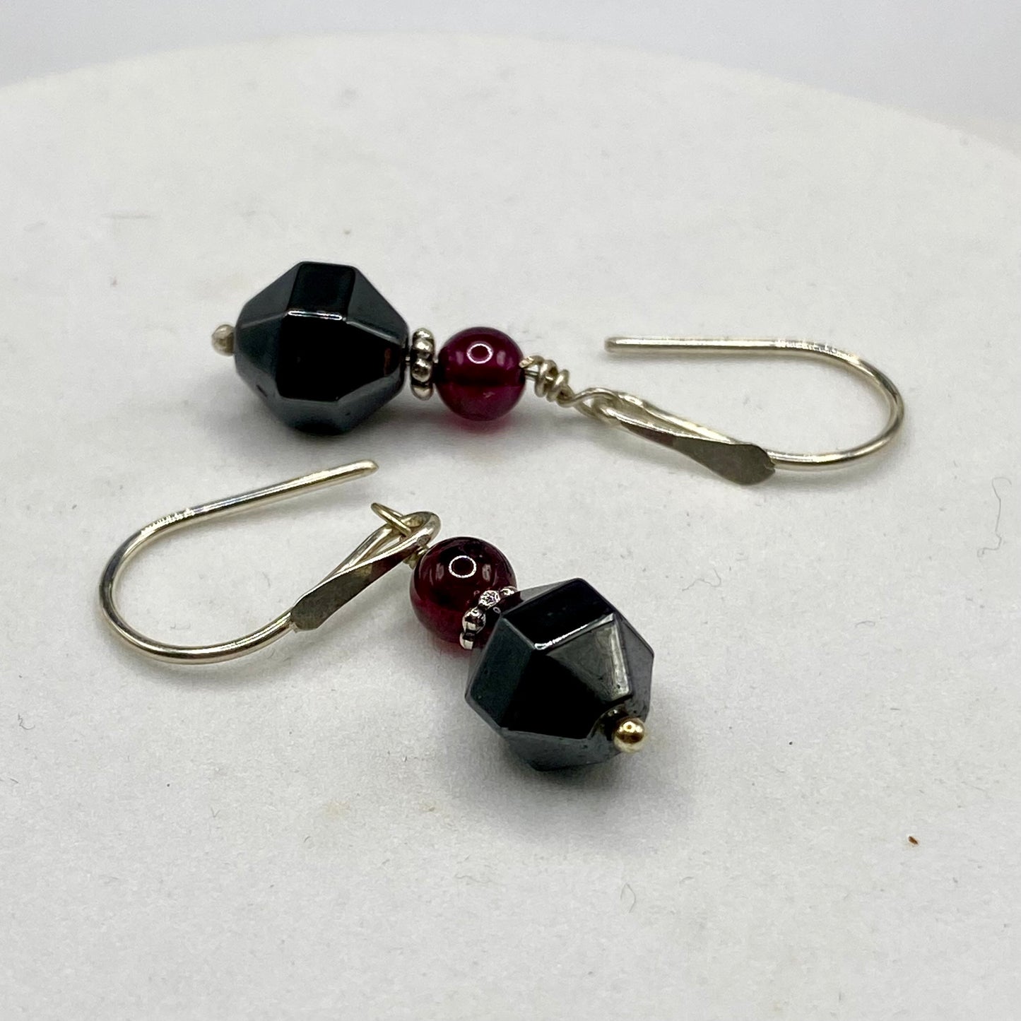 Garnet & Hematite Earrings by Hip Chick Glass, Sterling Silver Earrings, Handmade Garnet Earrings, Handmade Hematite Earrings, January Birthstone Gift