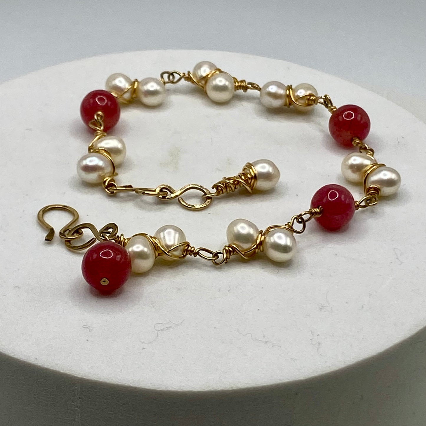 Gold Pearl & Raw Ruby Bracelet by Hip Chick Glass, Handmade Gold Fill Wire Wrap Jewelry, Handmade Gemstone Bracelet, June & July Birthstone Gift