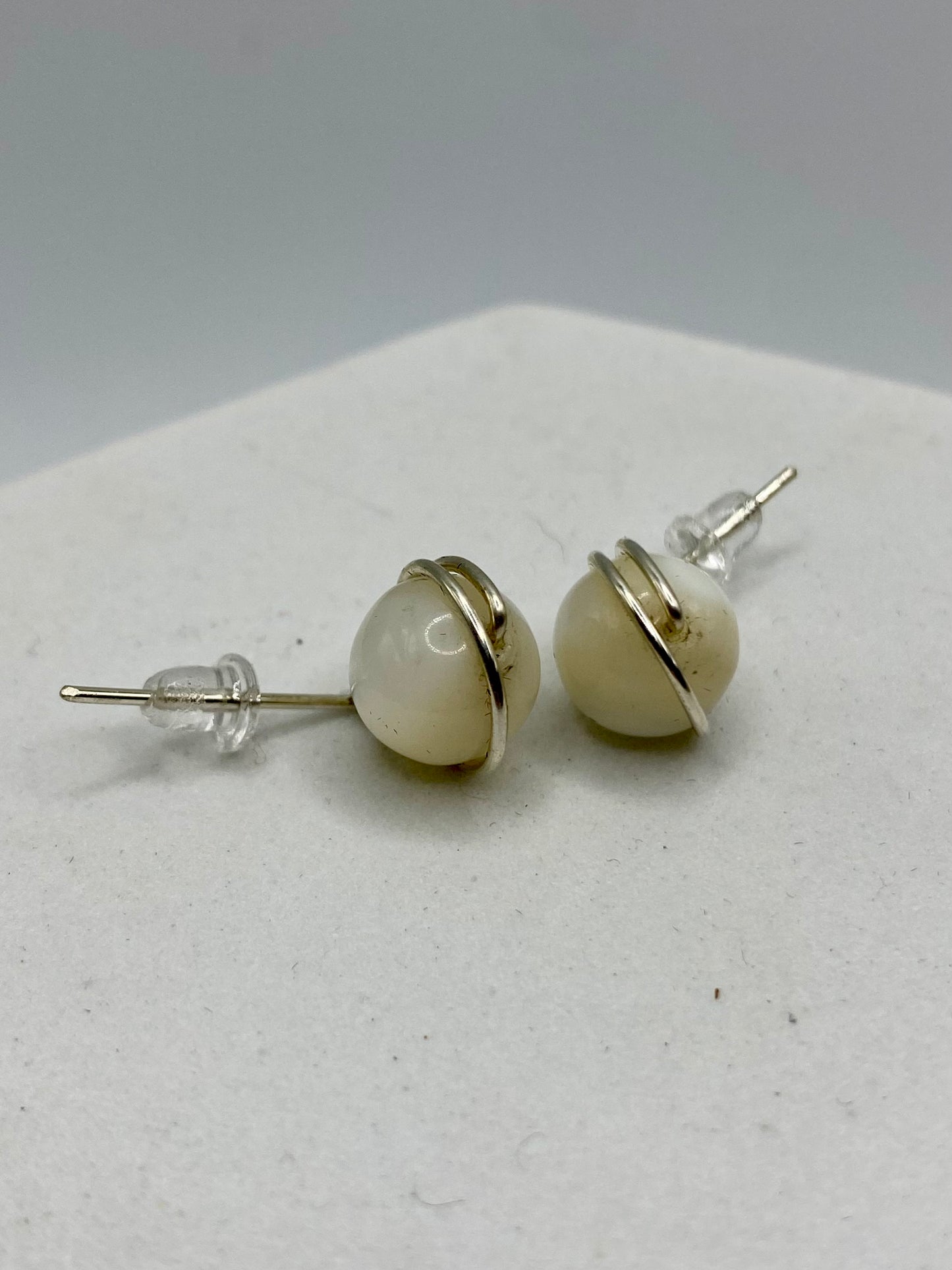 Mother of Pearl Silver Stud Earrings by Hip Chick Glass, Handmade Birthstone Earrings, Pearl Earrings, Pearl Stud Earrings, Sterling & Gemstone Wire Wrap Earrings