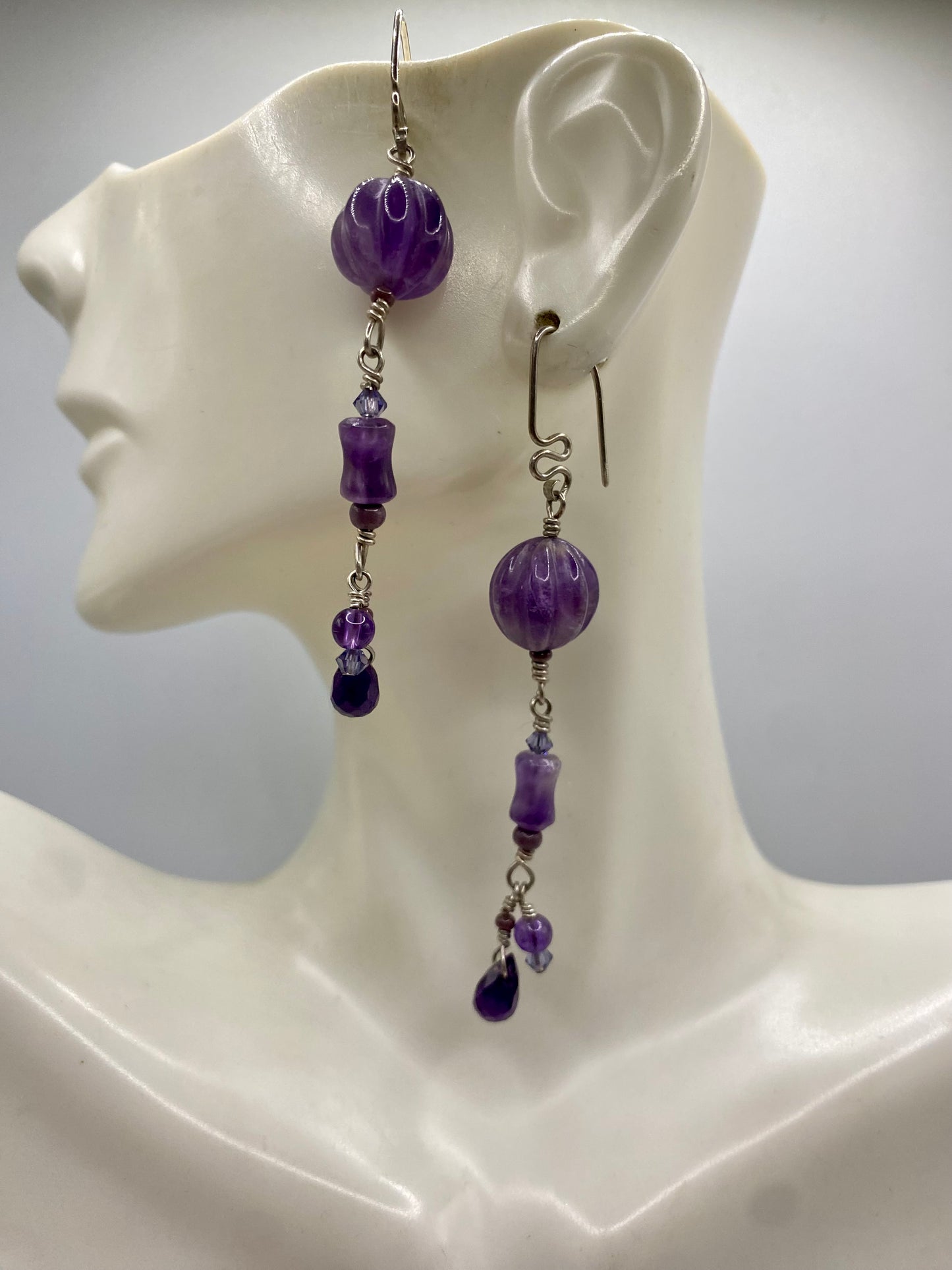 Long Amethyst Earrings by Hip Chick Glass, Sterling Silver Wire Wrap Earrings, Handmade Gemstone Jewelry, February Birthstone