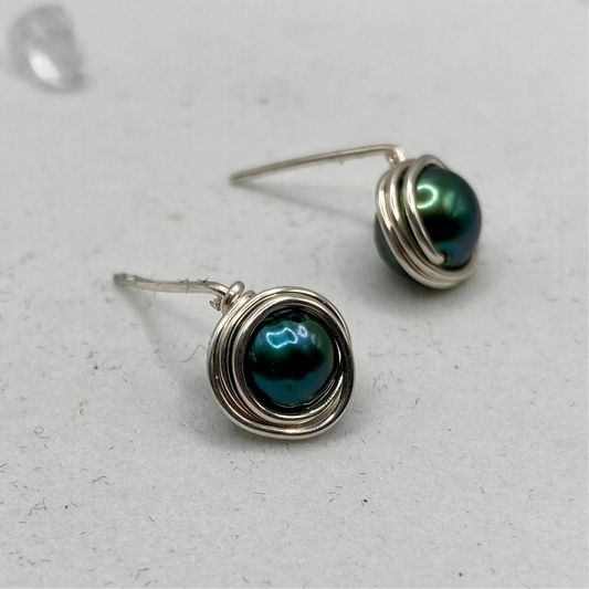 Multicolor Pearl Silver Stud Earrings by Hip Chick Glass, Handmade June Birthstone Earrings, Pearl Earrings, Pearl Stud Earrings, Sterling & Gemstone Wire Wrap Earrings