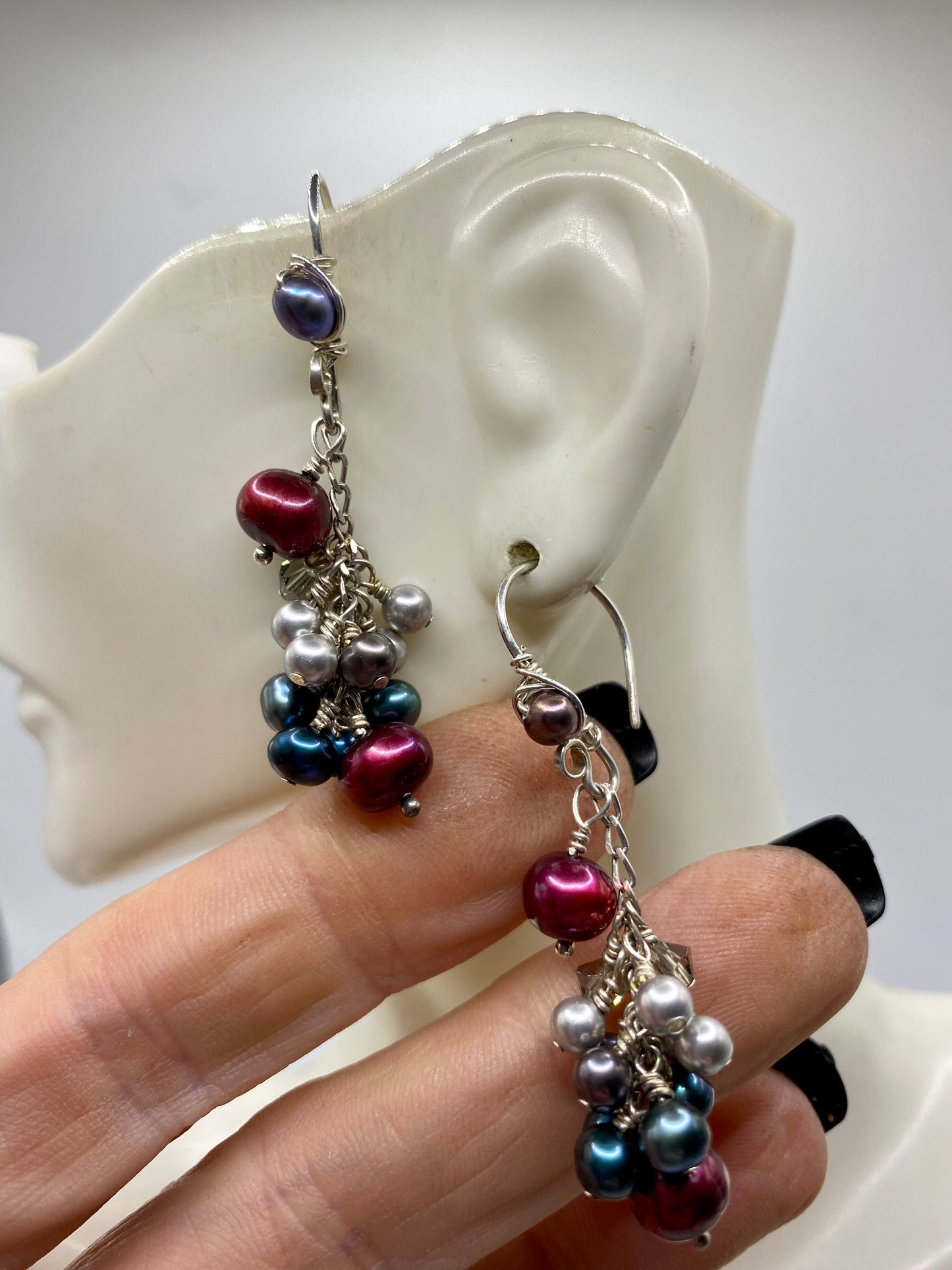 Cranberry, Blue & Gray Pearl Cluster Earrings by Hip Chick Glass, Sterling Silver Earrings, Handmade Gemstone Jewelry, June Birthstone Gift