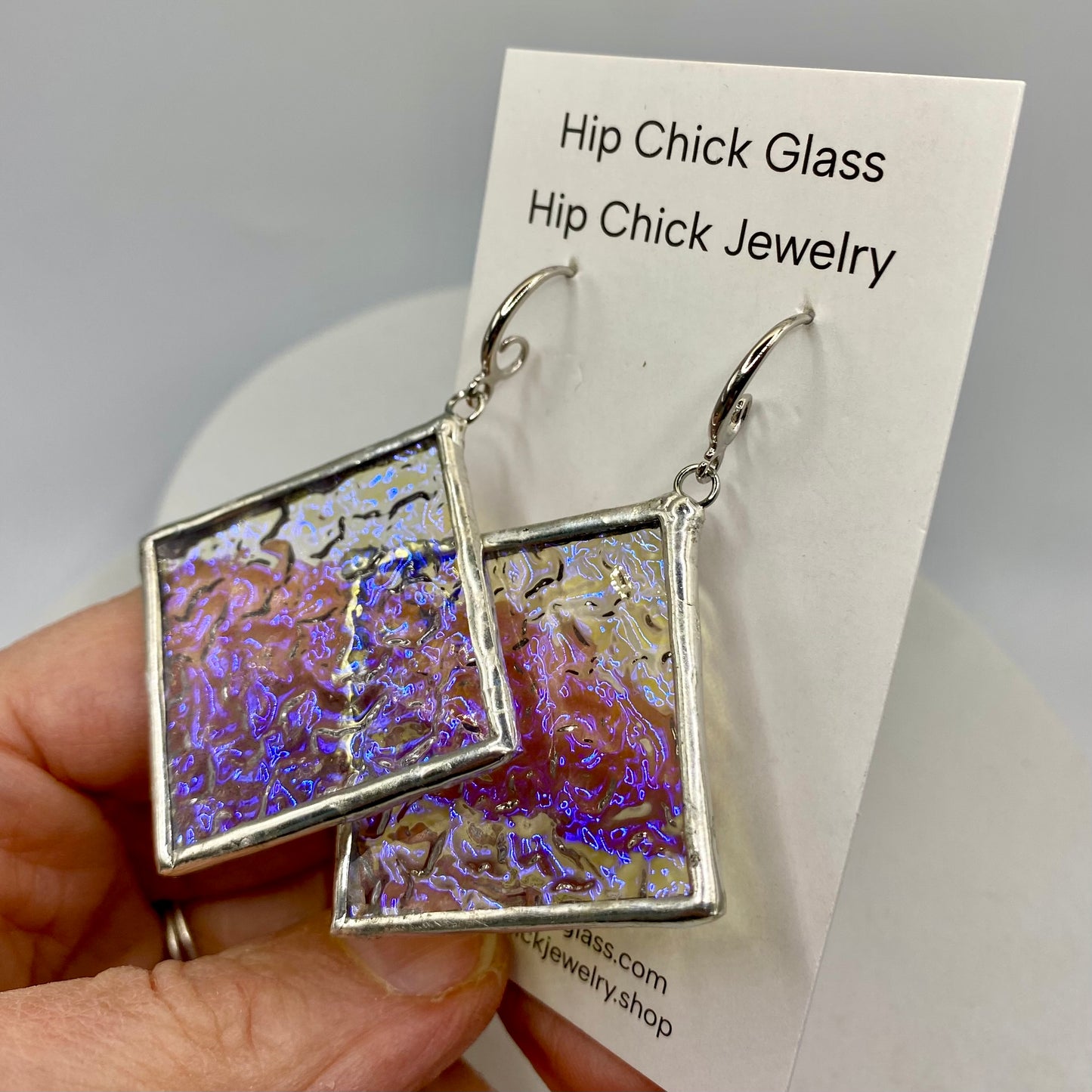 Blue Crinkle Square Earrings | Stained Glass Earrings by Hip Chick Glass, Stained Glass Dangle Drop Earrings, Stained Glass Earrings