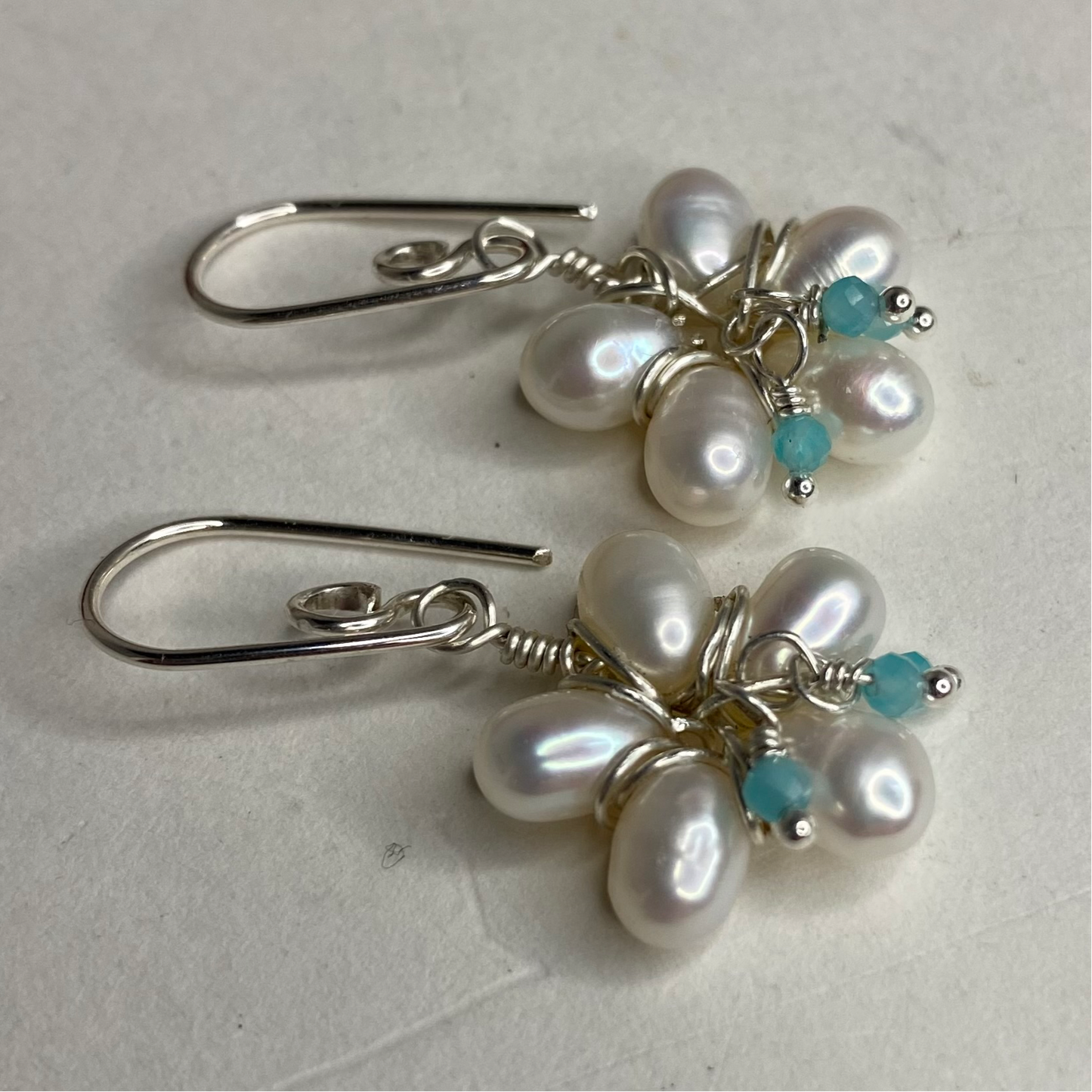 Pearl Flower Earrings with Swarovski Crystal by Hip Chick Glass, Sterling Silver Wire Wrap Earrings, Handmade Gemstone Jewelry, June Birthstone