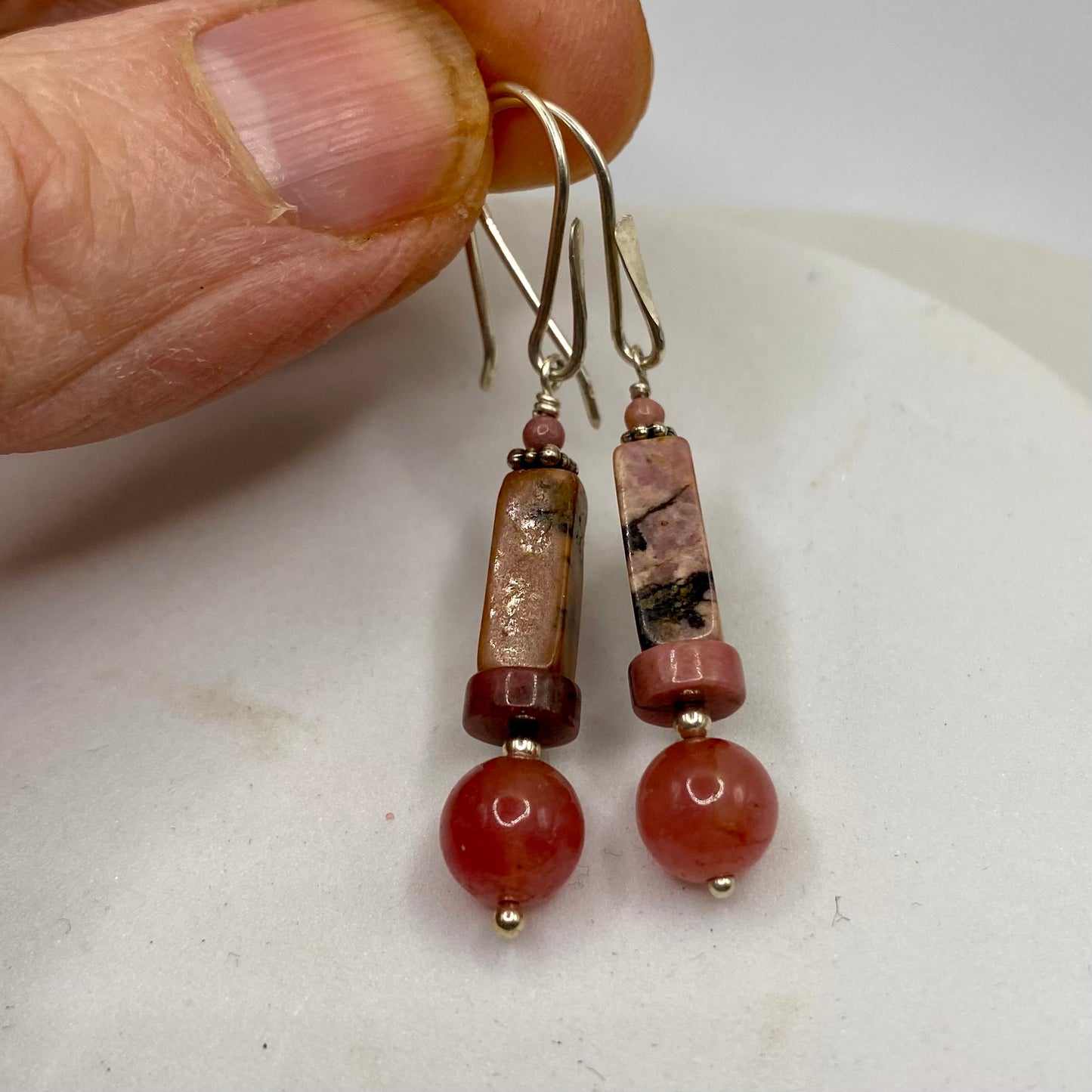 Rhodonite & Ruby Silver Earrings by Hip Chick Glass, Sterling Silver Earrings, Handmade Gemstone Jewelry, Birthstone Gift
