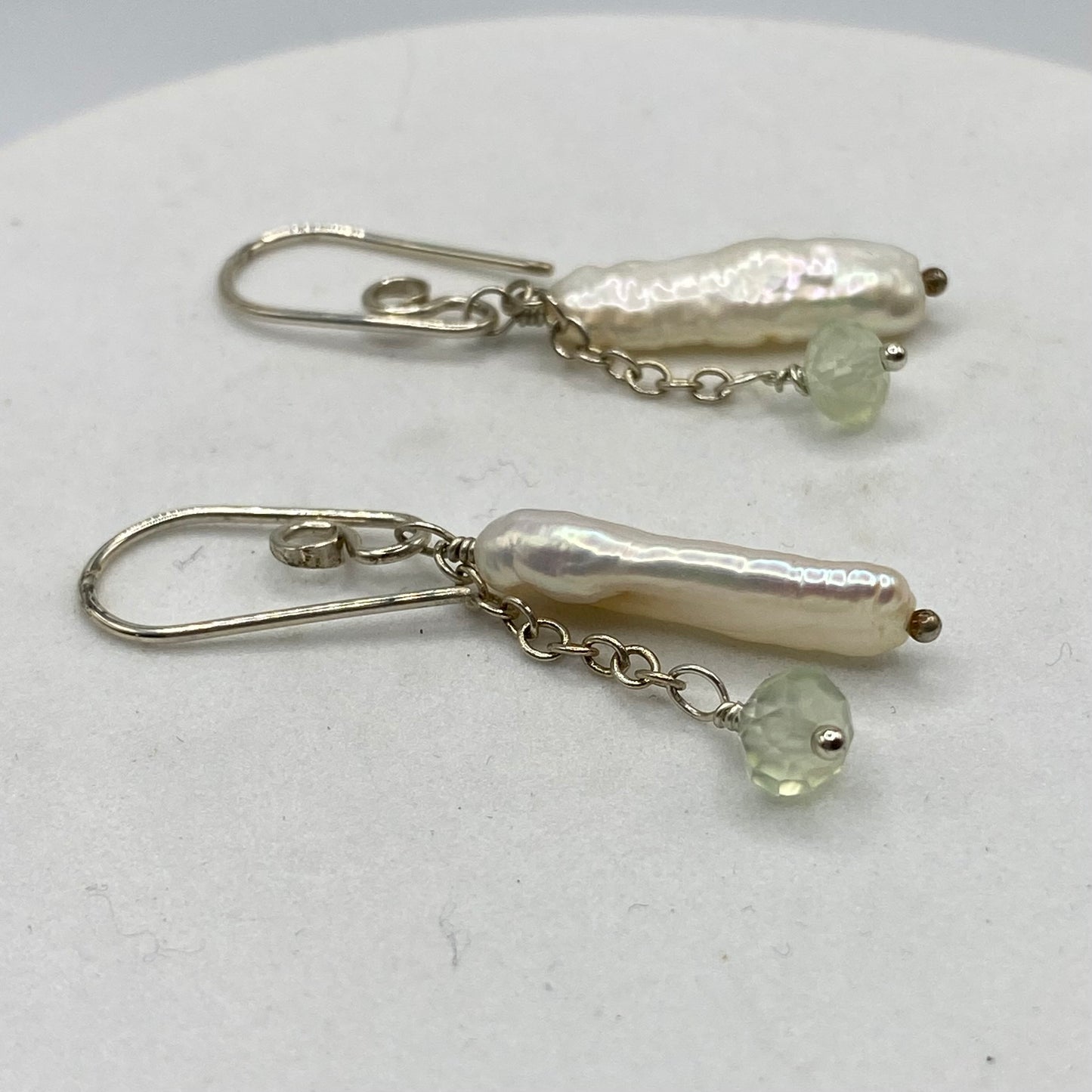Pearl & Prehnite Double Drop Earrings by Hip Chick Glass, Handmade Sterling Silver Earrings, Handmade Gemstone Jewelry, June Birthstone Gift