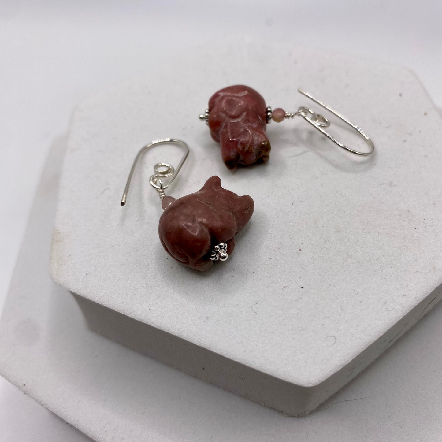 Carved Pig Earrings by Hip Chick Glass, Sterling Silver Earrings, Handmade Gemstone Jewelry, Handmade Jewelry Gift