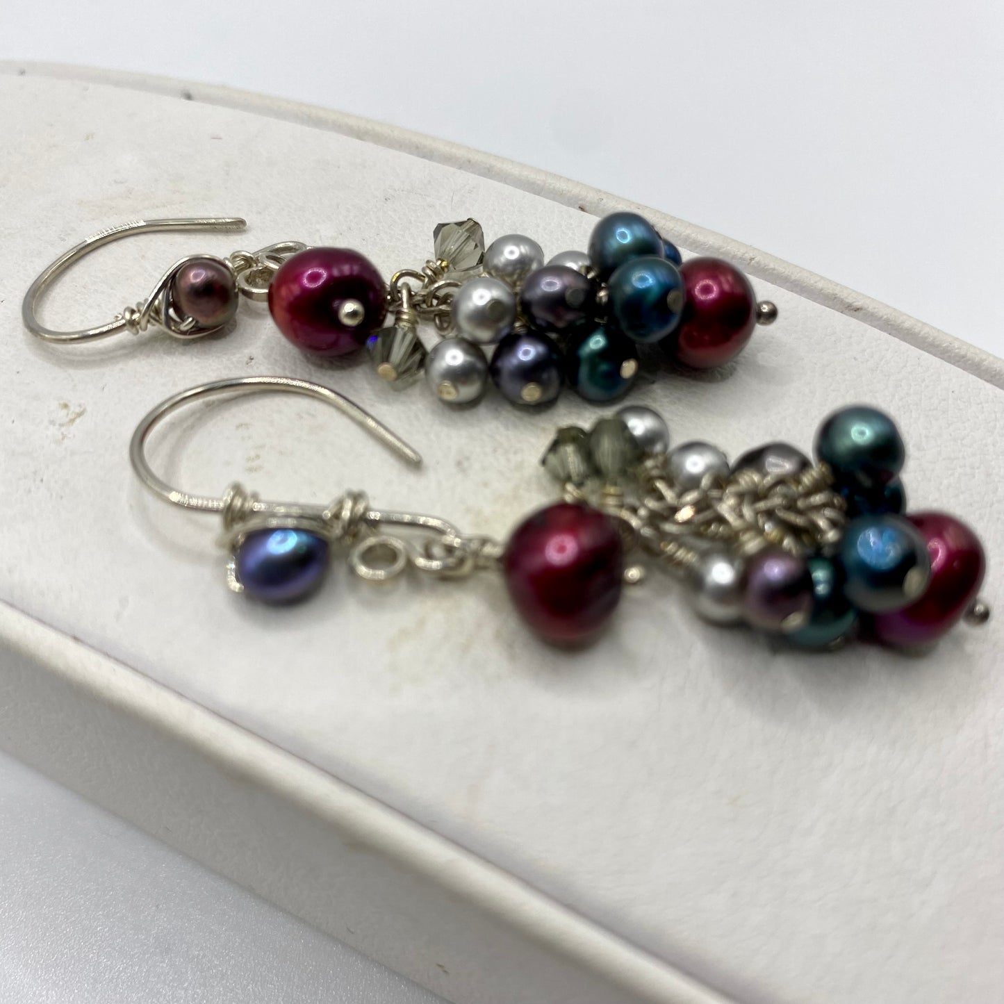 Cranberry, Blue & Gray Pearl Cluster Earrings by Hip Chick Glass, Sterling Silver Earrings, Handmade Gemstone Jewelry, June Birthstone Gift