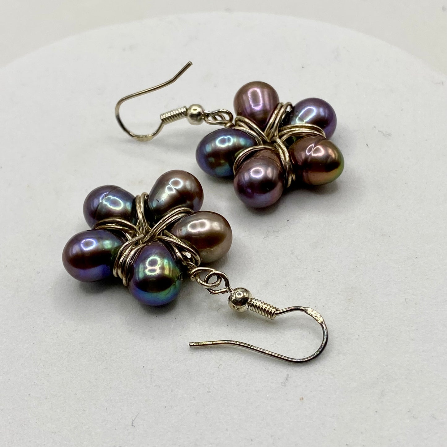 Black Pearl Flower Earrings by Hip Chick Glass, Sterling Silver Wire Wrap Earrings, Handmade Gemstone Jewelry, June Birthstone Gift