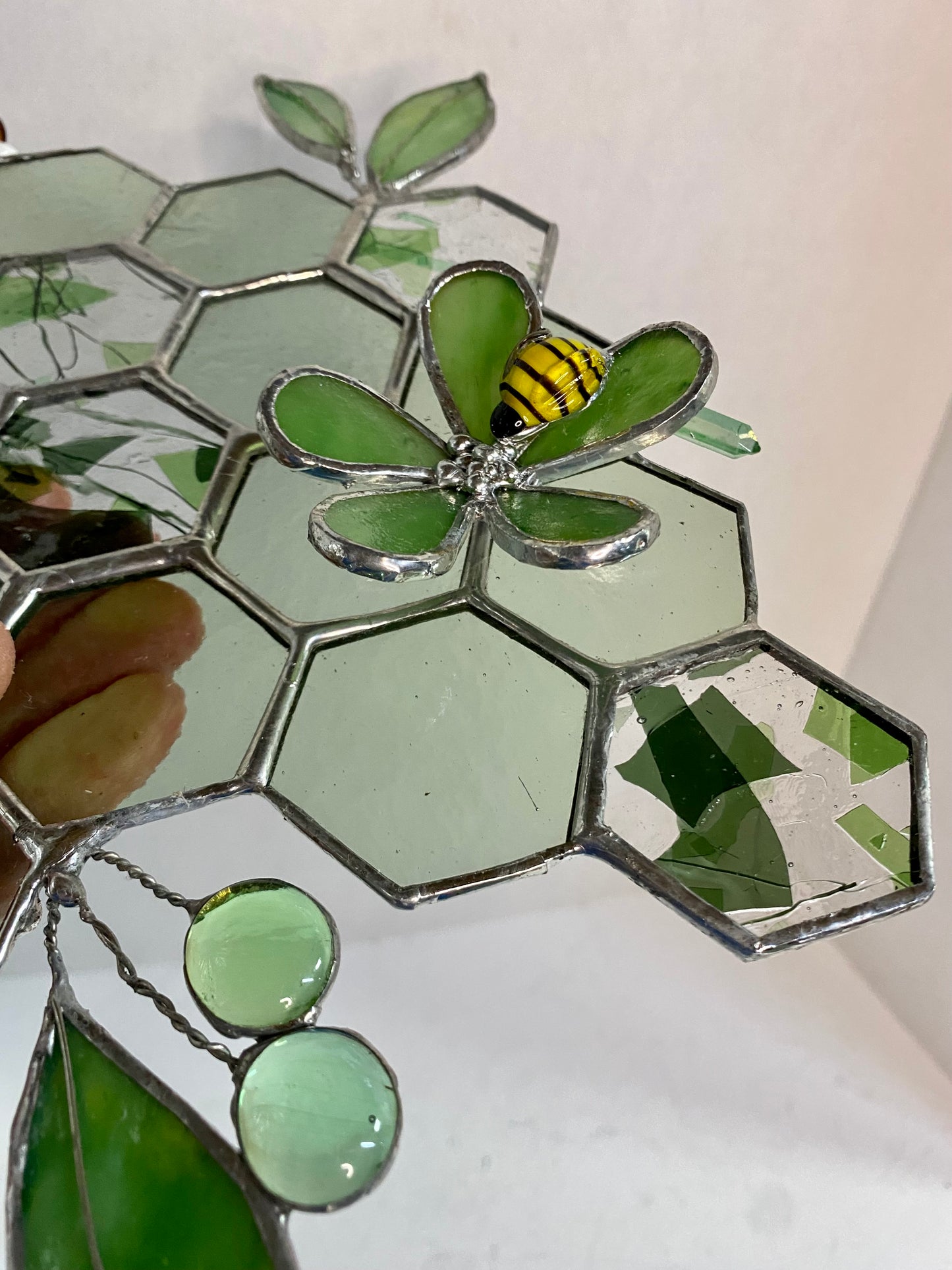 Green Honeycomb with Flower & Bee | Stained Glass Window Panel by Hip Chick Glass, Original Design Handmade Glass Art, Suncatcher