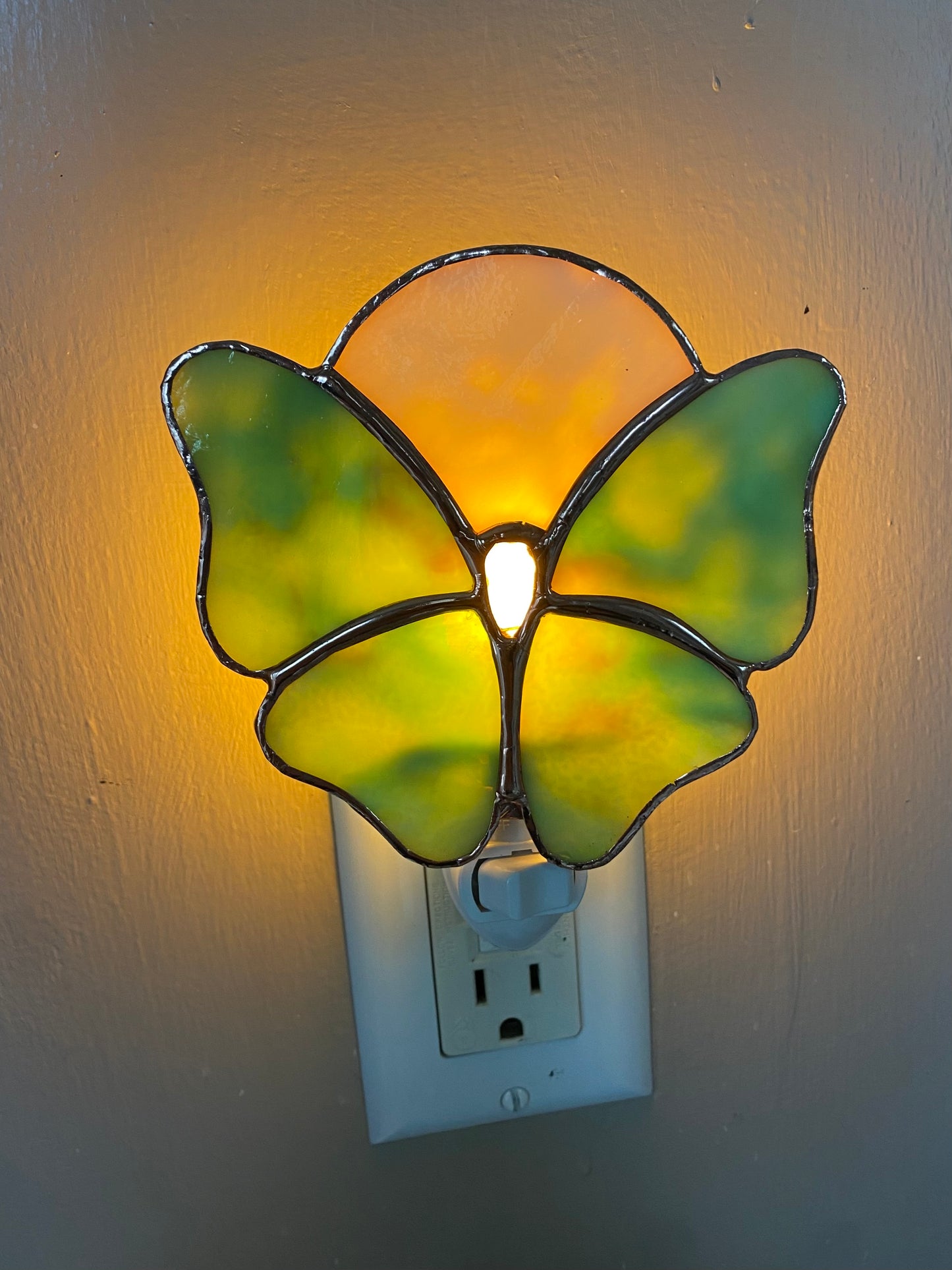 Green Butterfly Nightlightwith Smoky Quartz under a white moon | Gretchen Shutt | Hip Chick Glass, LLC