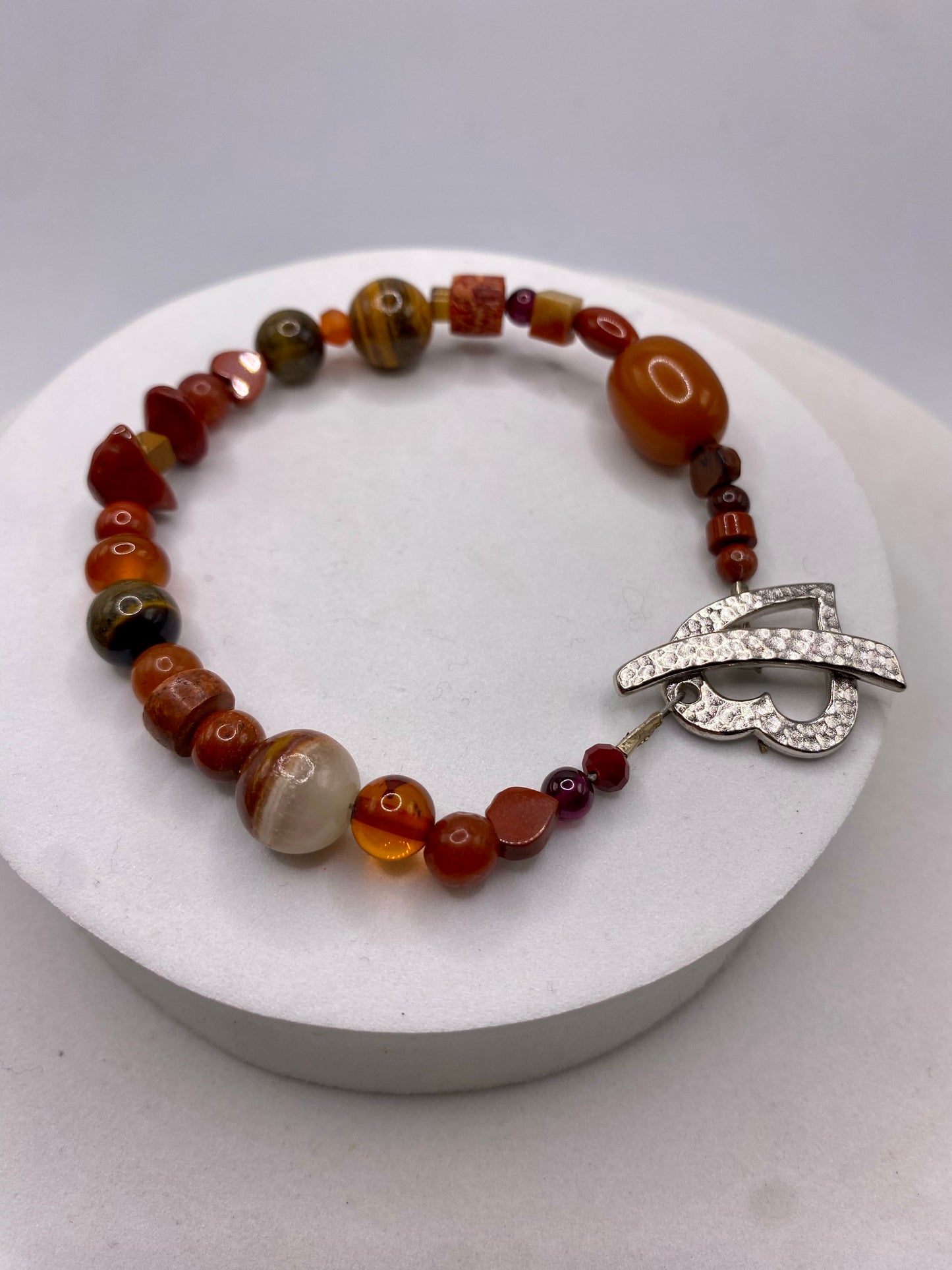 Valentines Day Bracelet with Pewter Heart Clasp & Mixed Orange Gemstones by Hip Chick Glass, Handmade Bracelet, Handmade Gemstone Bracelet, Birthstone Gift