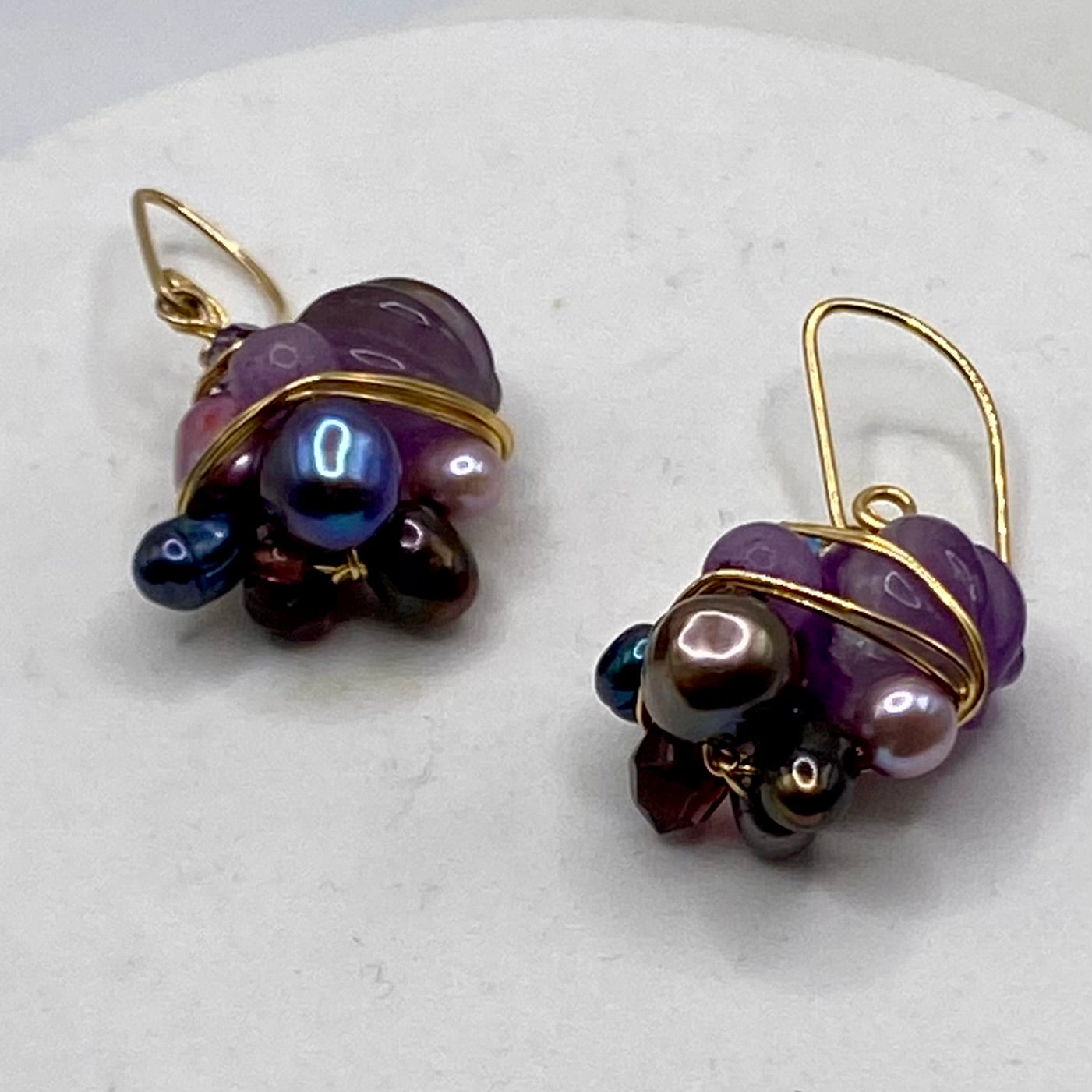 OOAK Gold Wire Wrap Cluster Earrings by Hip Chick Glass, Handmade Amethyst Earrings, Pearl Earrings, Handmade Gemstone Earrings, February Birthstone, June Birthstone, Boho Luxe Earrings
